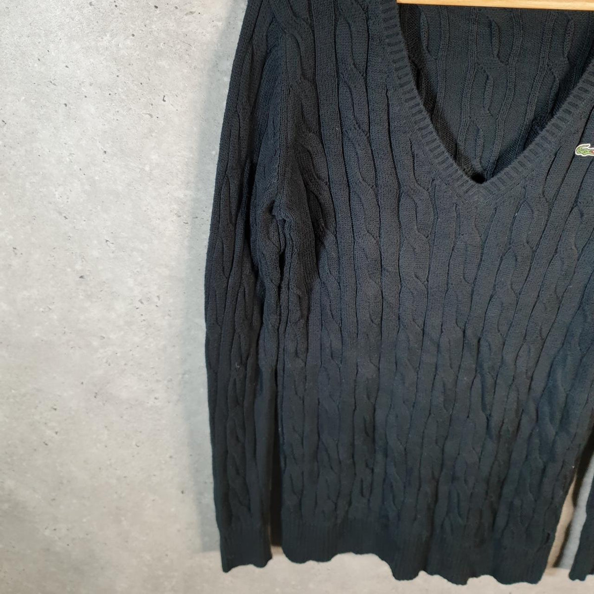 Vintage Lacoste Sweatshirt Cable Knit Womens Large Black Pullover Logo Y2K Jumper