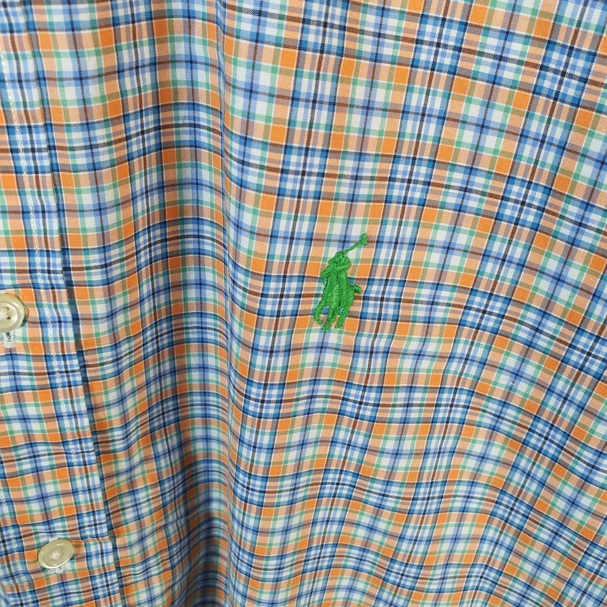 Vintage Ralph Lauren Button Down Shirt Mens Large Blue Checkered Stretch Fit Cotton Pony