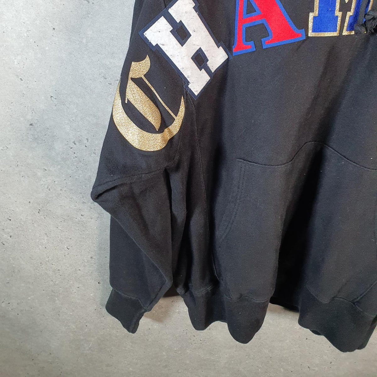 Vintage Champion Reverse Weave Spellout Hoodie Men’s Medium Black Pullover Embroidered