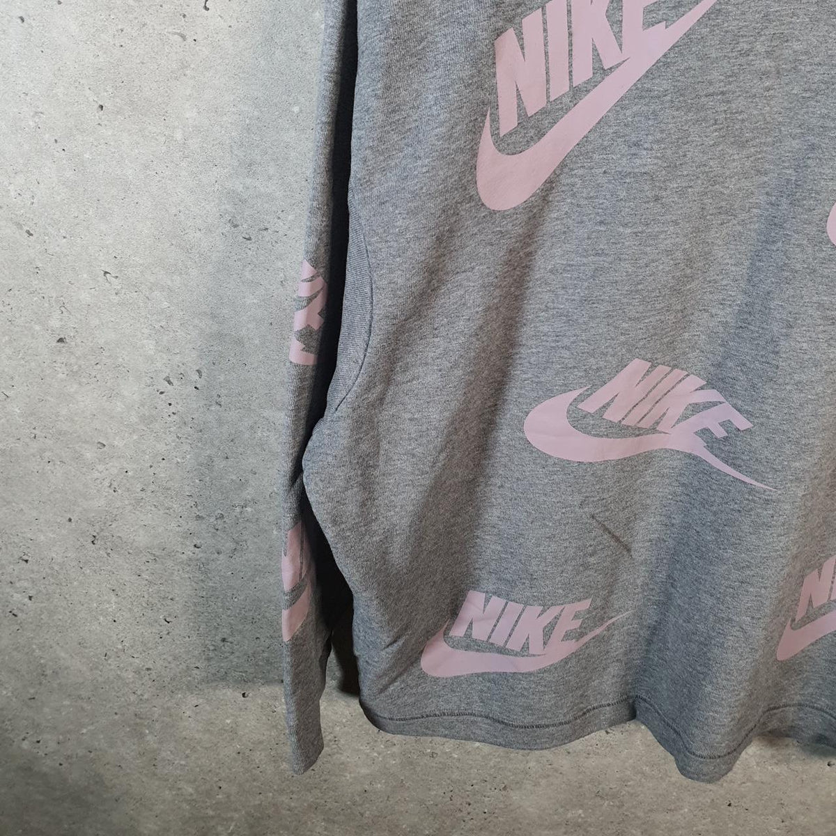 Vintage Nike All Over Print Sweatshirt Mens Small Grey AOP Swoosh Logo