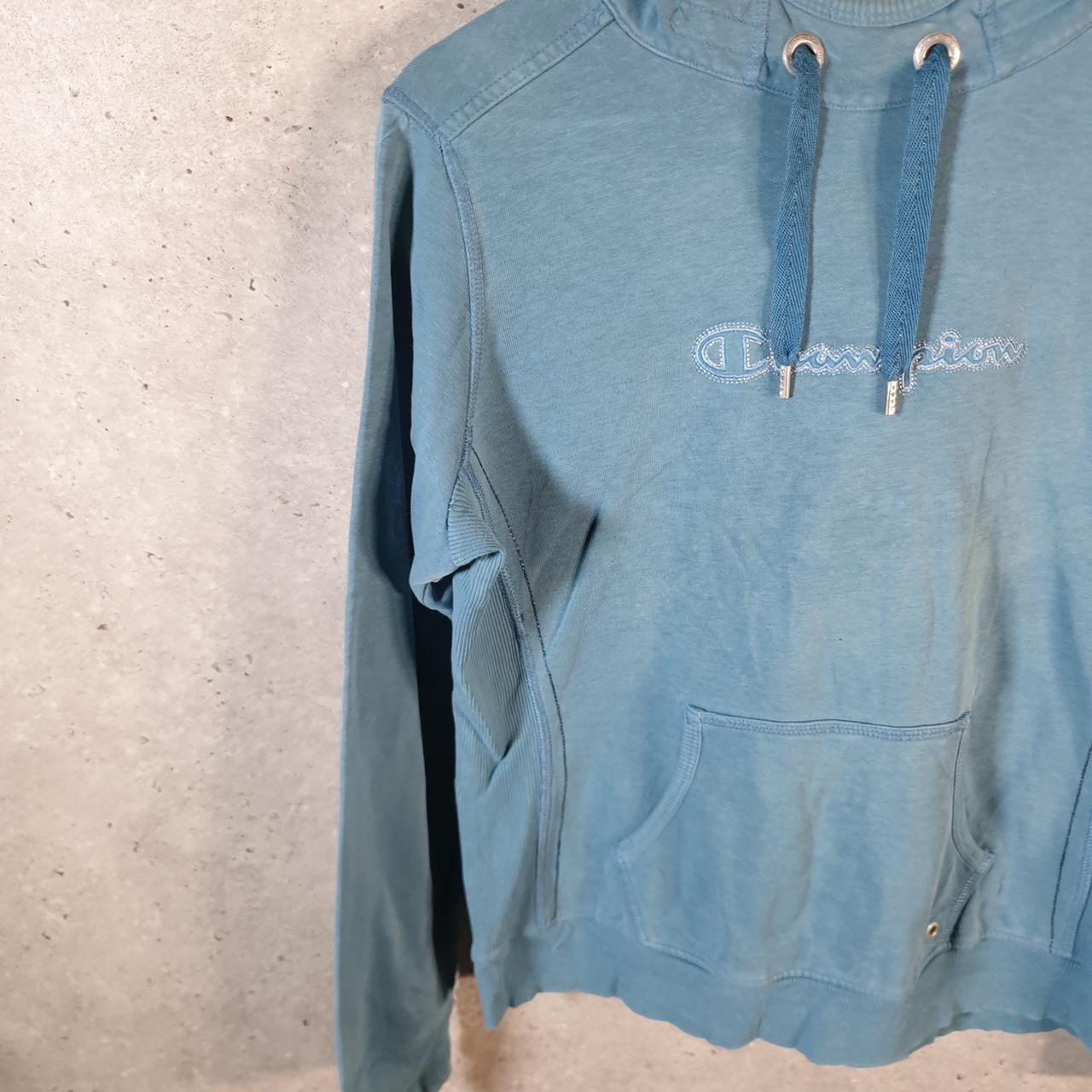 Vintage Champion Hoodie Womens Medium Blue Spellout Logo Pullover