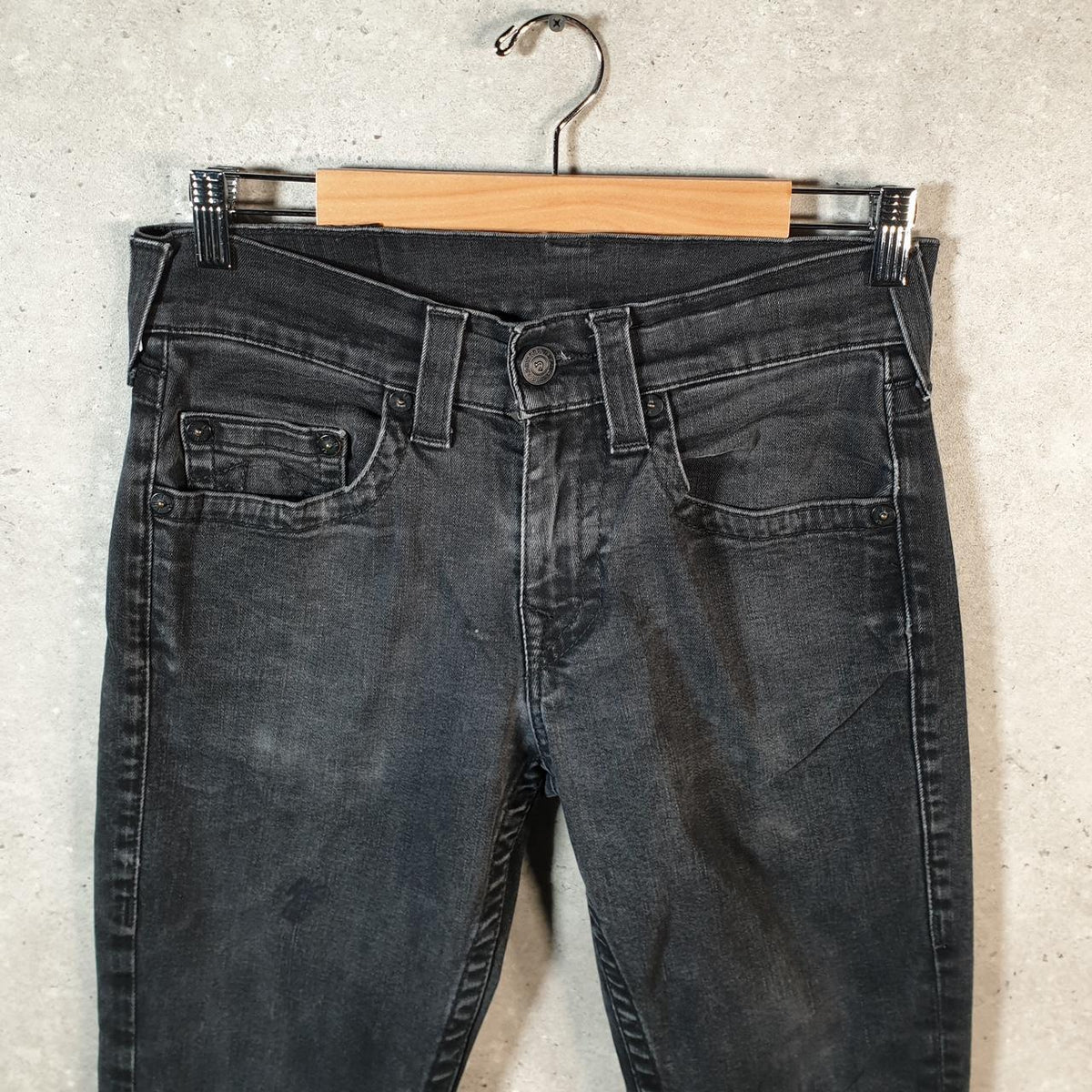 Vintage True Religion Slim No Flap Y2K Hip Hop Jeans Womens W29 Black Denim USA Big Fish Vintage