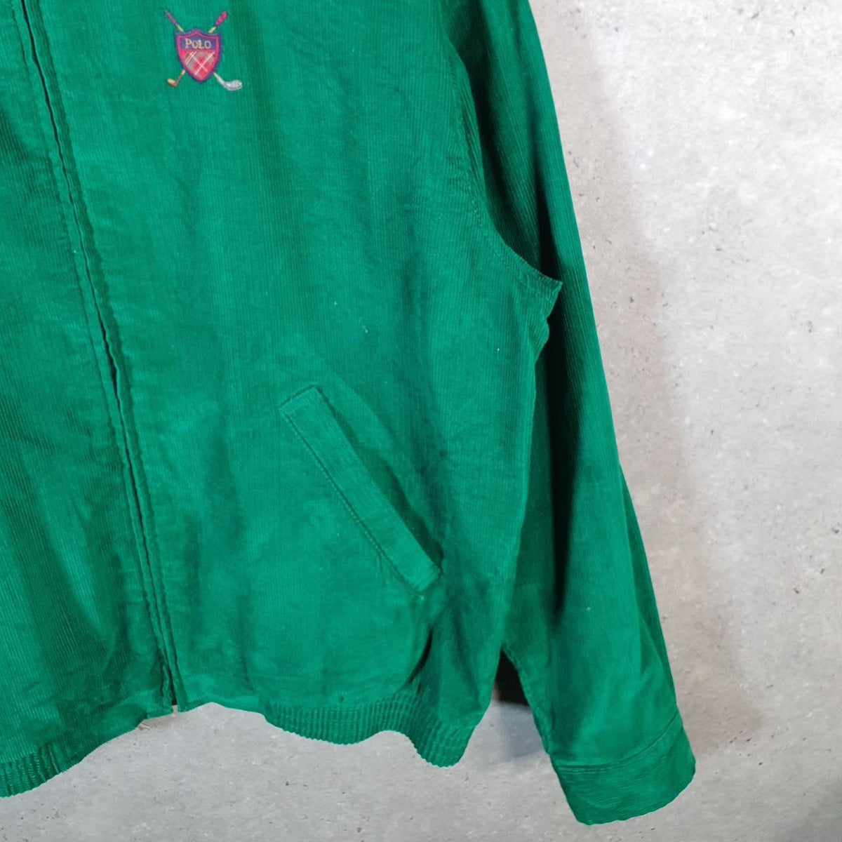 Vintage Ralph Lauren Polo Corduroy Harrington Bomber Jacket Men’s Medium Green Pony Full Zip Big Fish Vintage