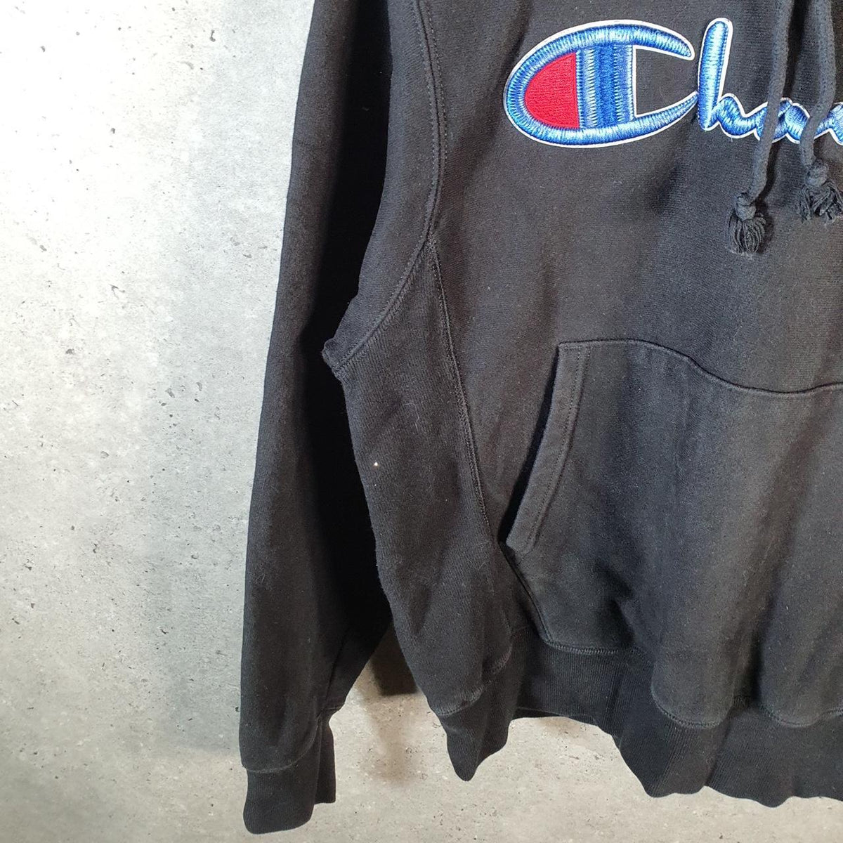 Vintage Champion Reverse Weave Spellout Hoodie Men’s Small Black Pullover Embroidered