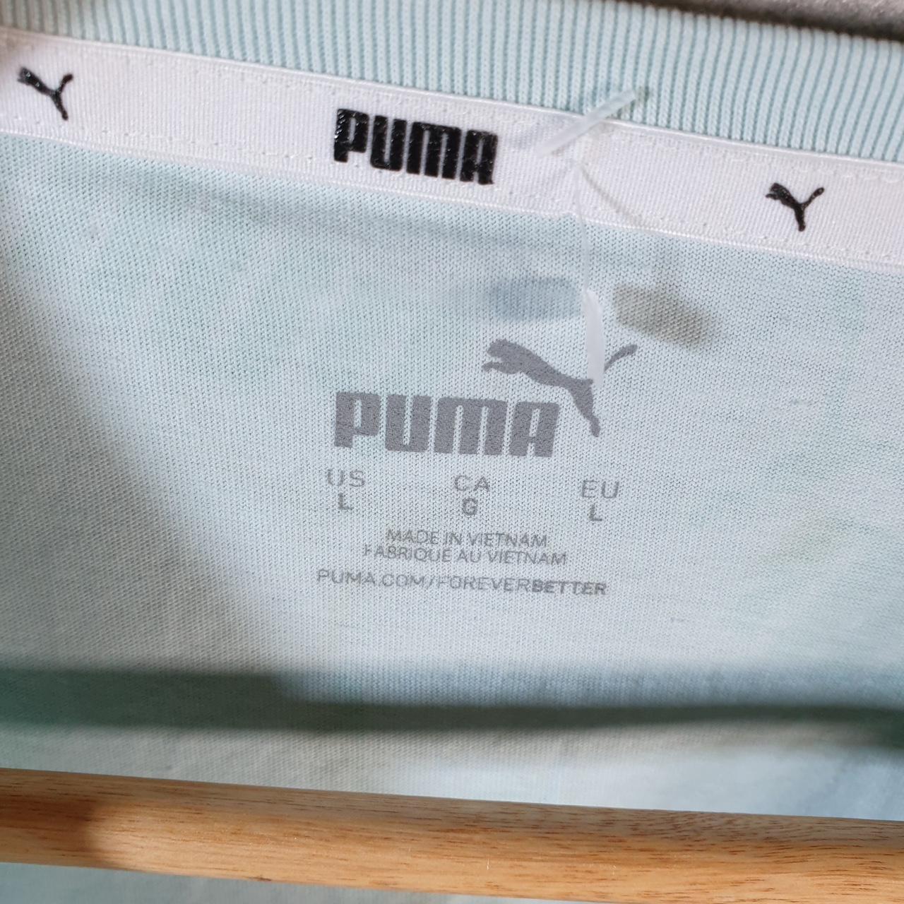 Vintage Puma Spellout T Shirt Womens Blue Large All Over Print Logo Athletic C9696