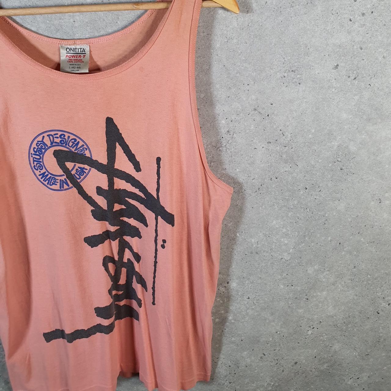 Vintage Stussy Oneita 90s Printed T Shirt Men’s Large Pink Graphic Sleeveless Vest Big Fish Vintage