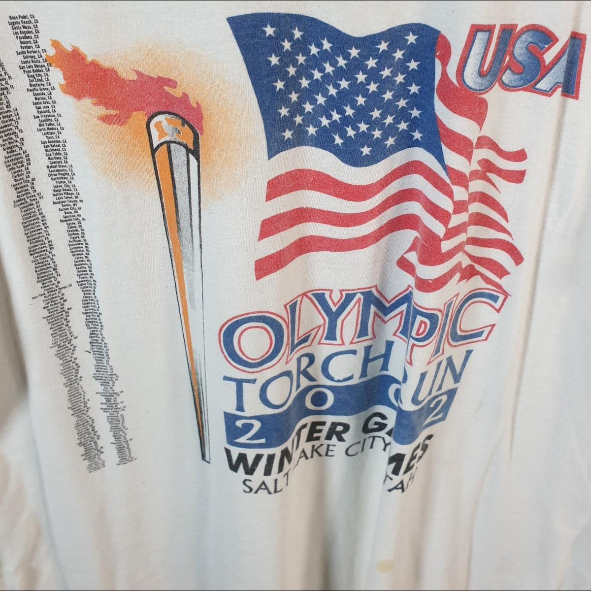 Vintage AllSport 2002 Olympic Torch Winter Games USA Single Stitch T Shirt Men’s XL White C8369