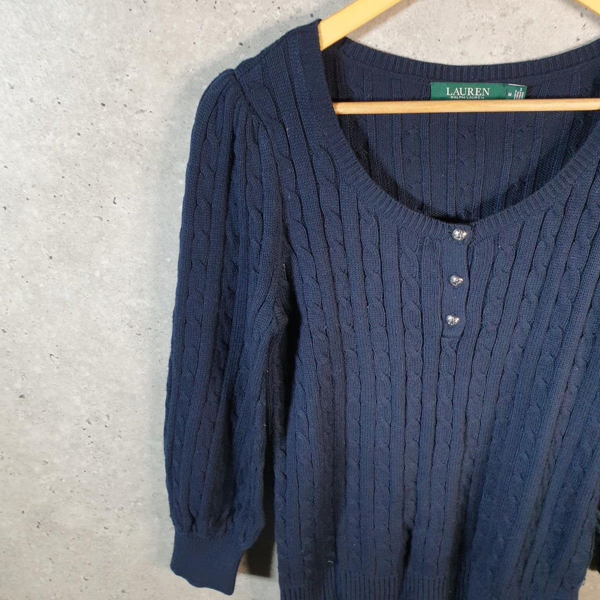 Vintage Ralph Lauren Cable Knit Sweater Womens Medium Navy Blue 1/4 Button Pullover