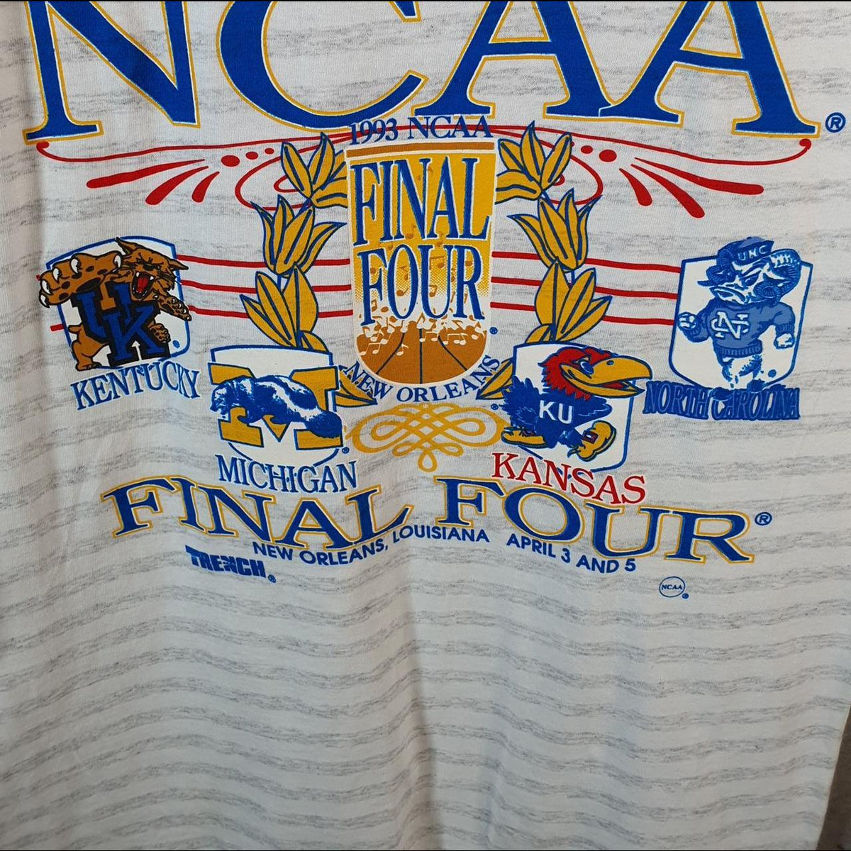 Vintage Trench NCAA Final Four 1993 New Orleans Single Stitch T Shirt Men’s Medium Grey Striped