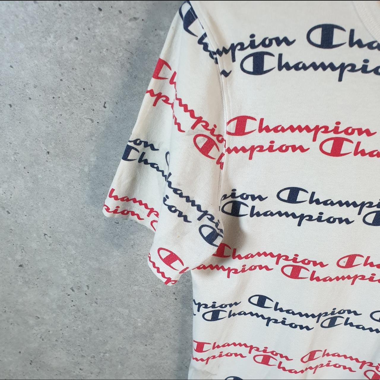 Vintage Champion AOP Spellout Logo T Shirt Mens Small White USA Athletic