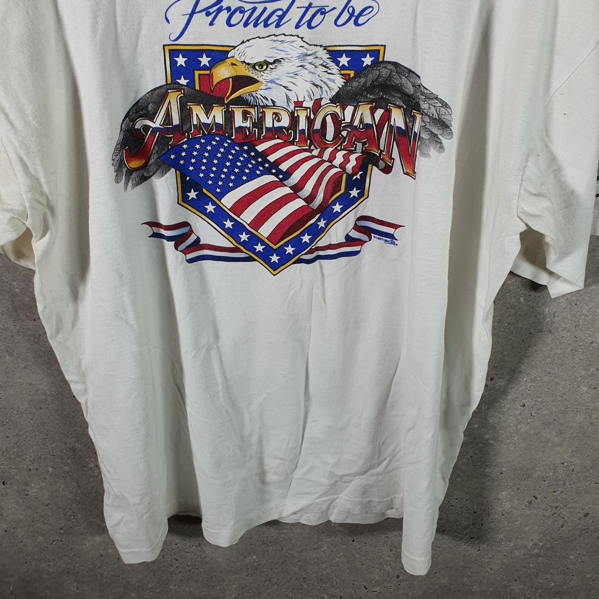 Vintage Proud To Be American Graphic 90s USA Single Stitch T Shirt Men’s Medium White Big Fish Vintage