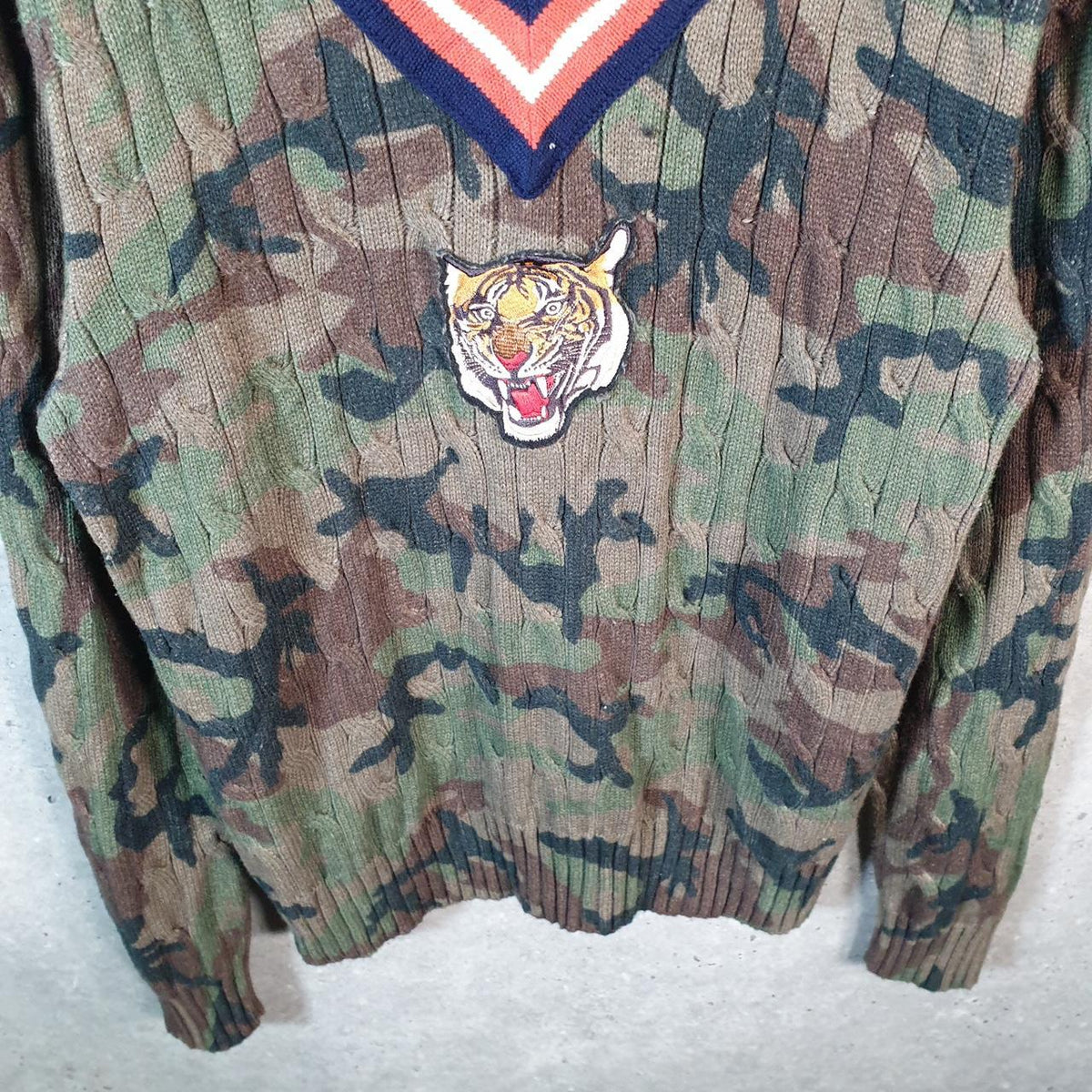 Vintage Ralph Lauren Polo Tiger Knit Cable Heavy Jumper Sweater Men’s Large Camo Pony Big Fish Vintage