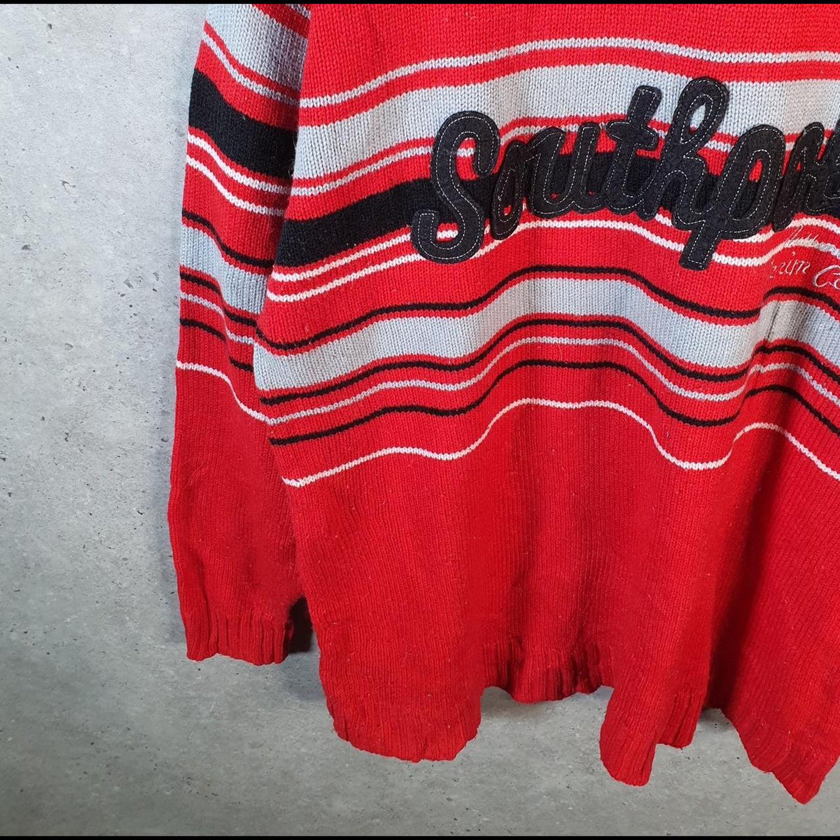 Vintage SouthPole Y2K Spellout Knit Sweater Jumper Mens XL Red Striped Pullover Hip Hop