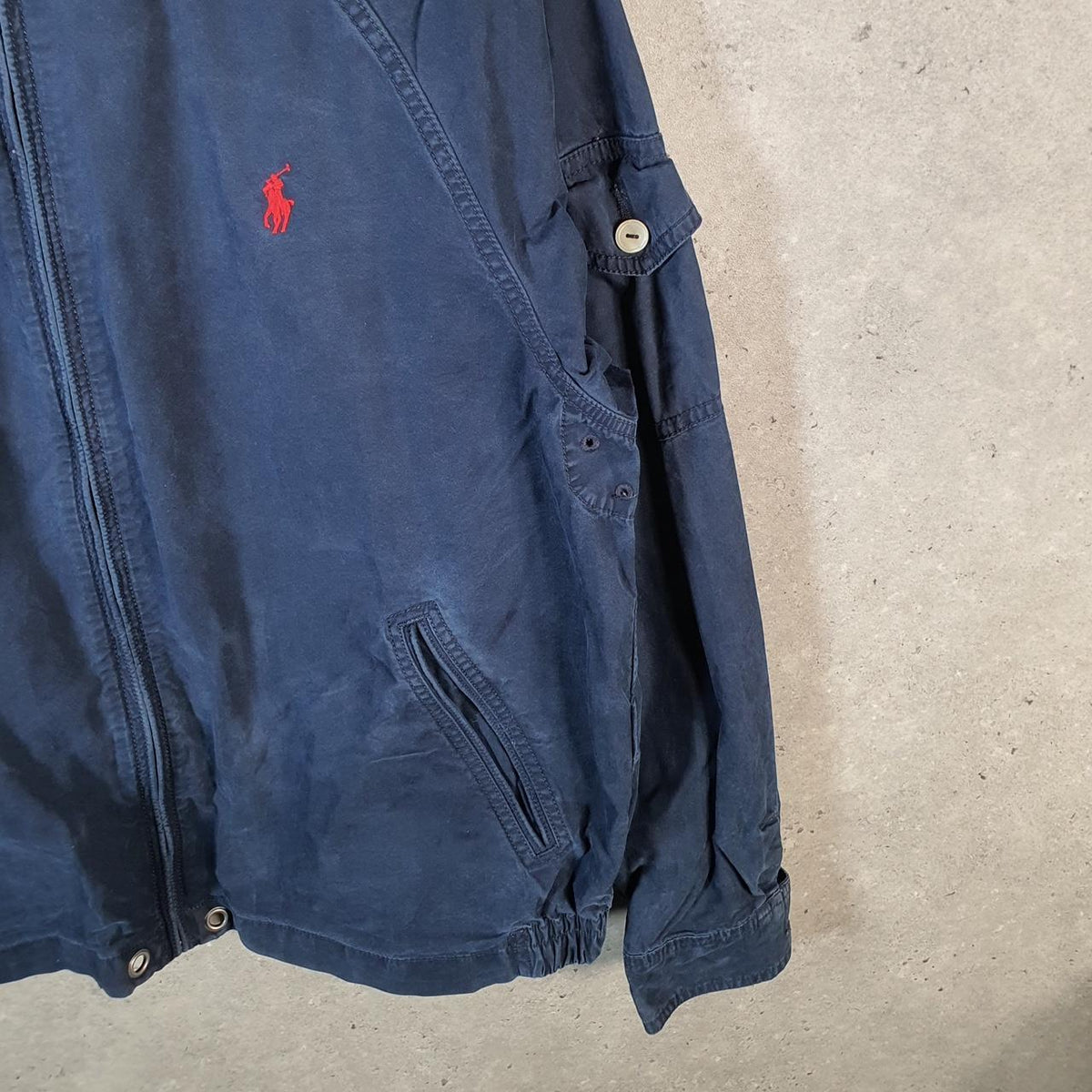 Vintage Ralph Lauren Polo Hooded Bomber Jacket Womens Large Blue Pony Full Zip Big Fish Vintage
