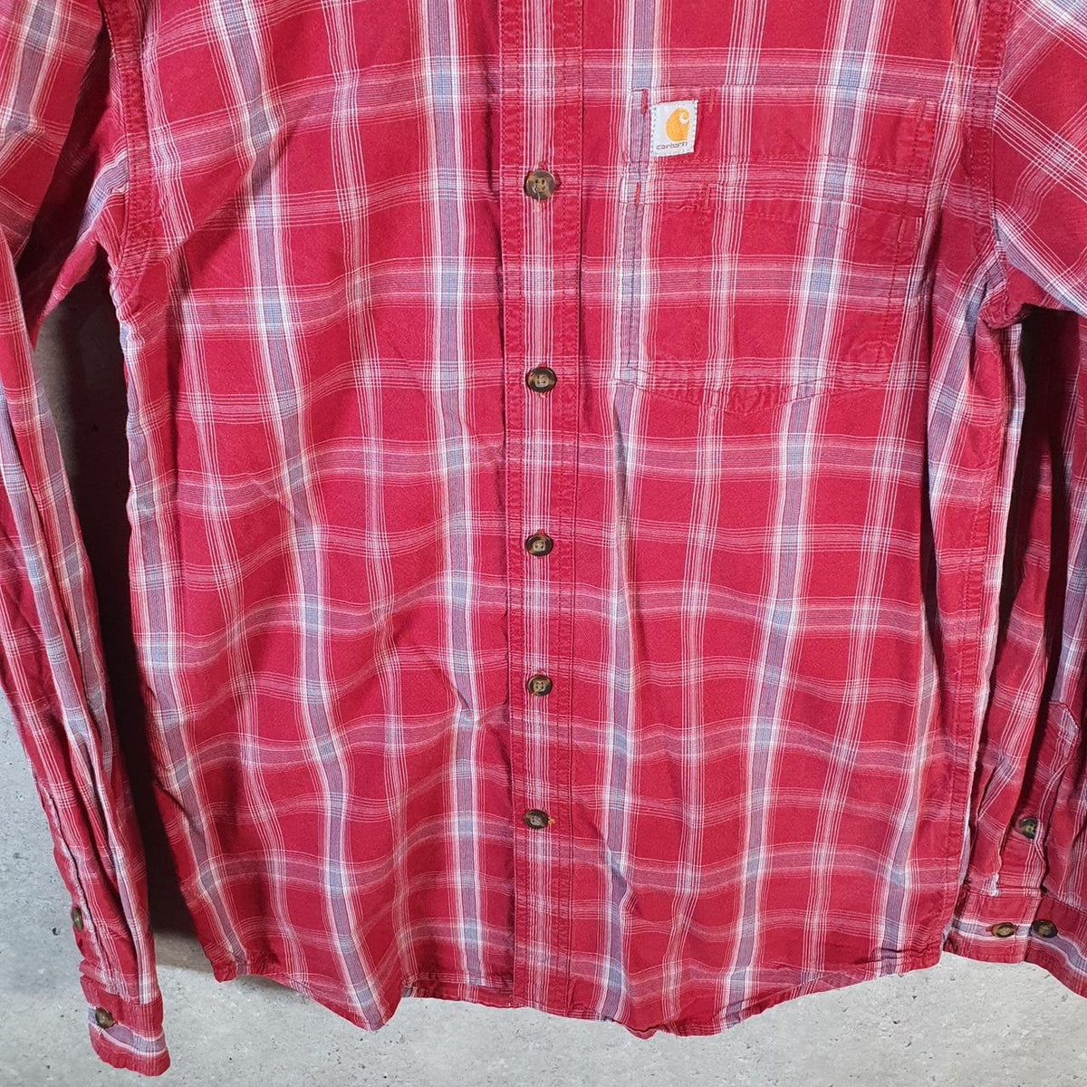 Vintage Carhartt Shirt Button Down Mens Small Red Checkered Chore Utility Relaxed - Big Fish Vintage