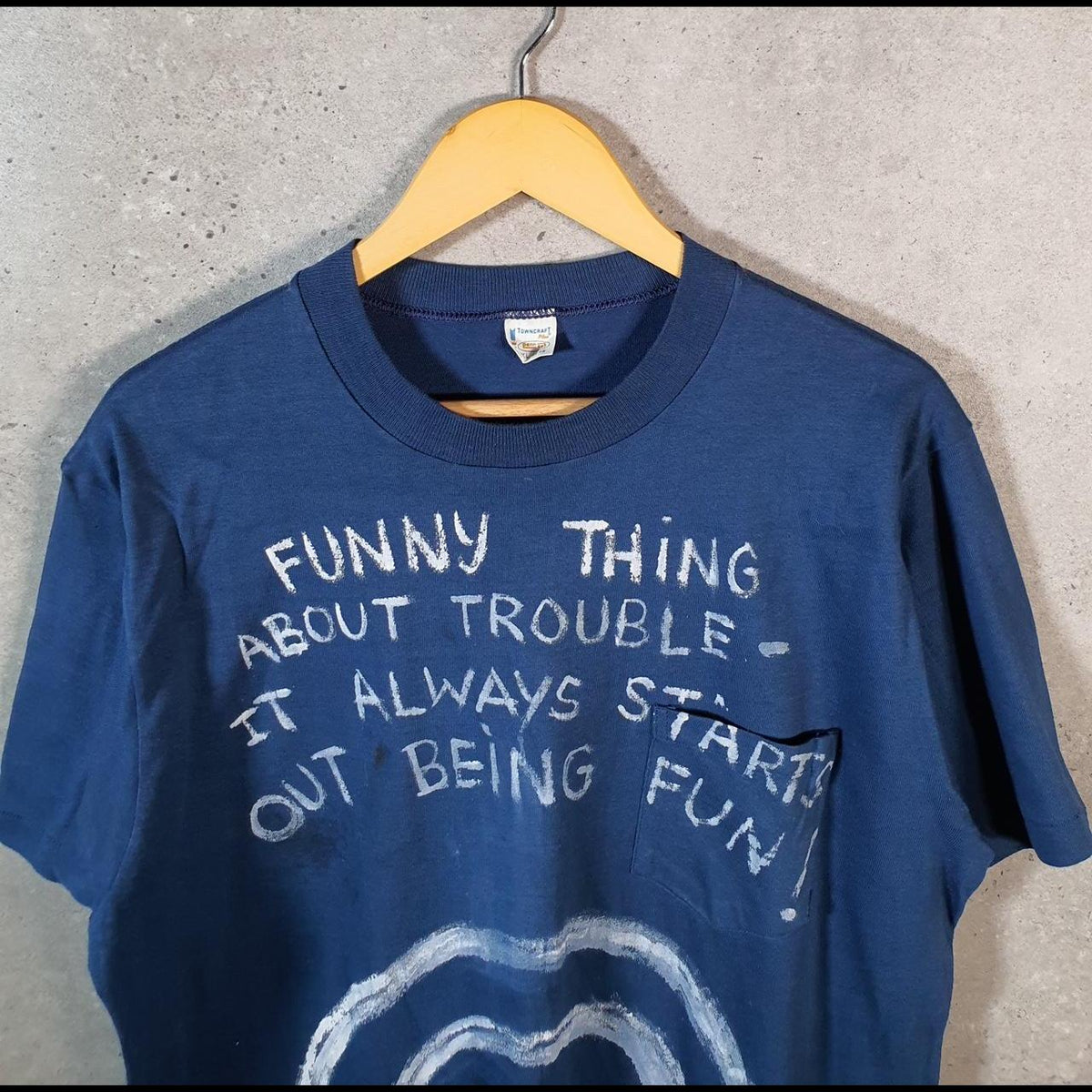 Vintage Town Craft Trouble Maker Graphic 90s USA Single Stitch T Shirt Men’s XL Blue