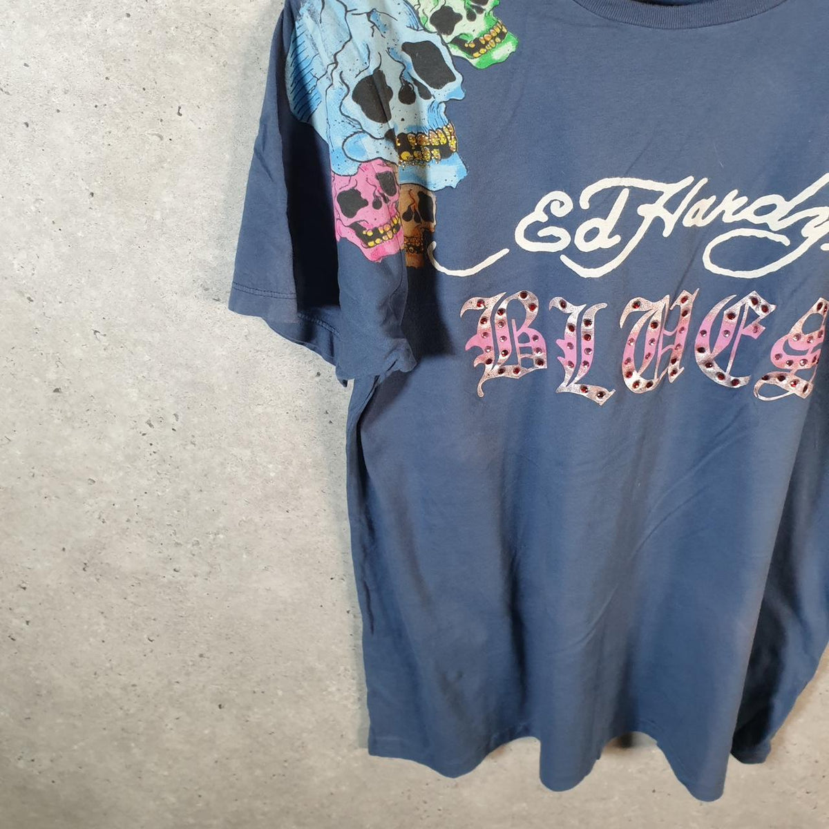 Vintage Ed Hardy T Shirt Men’s Large Blue Christian Audigier Love Heart Graphic Skull Y2K