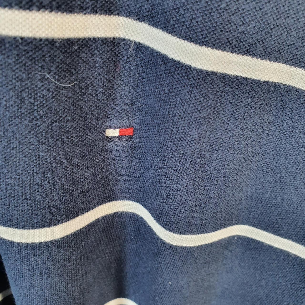 Vintage Tommy Hilfiger Polo Shirt Men’s 2XL Navy Blue Striped Custom Fit Embroidered Logo