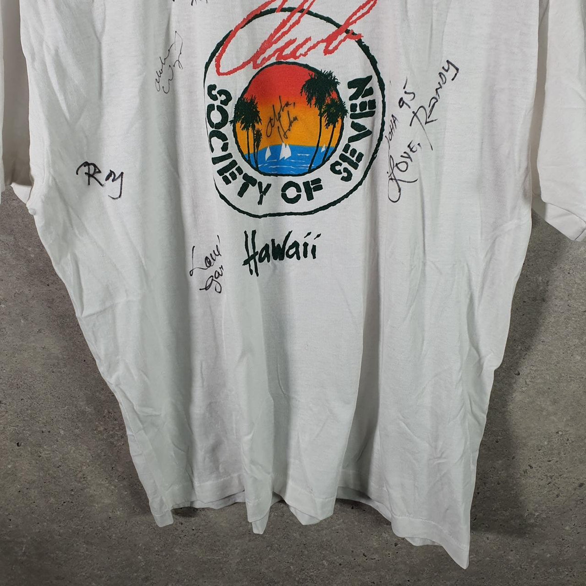 Vintage Fruit of the Loom Best Society Seven Hawaii Single Stitch T Shirt Men’s XL White Big Fish Vintage
