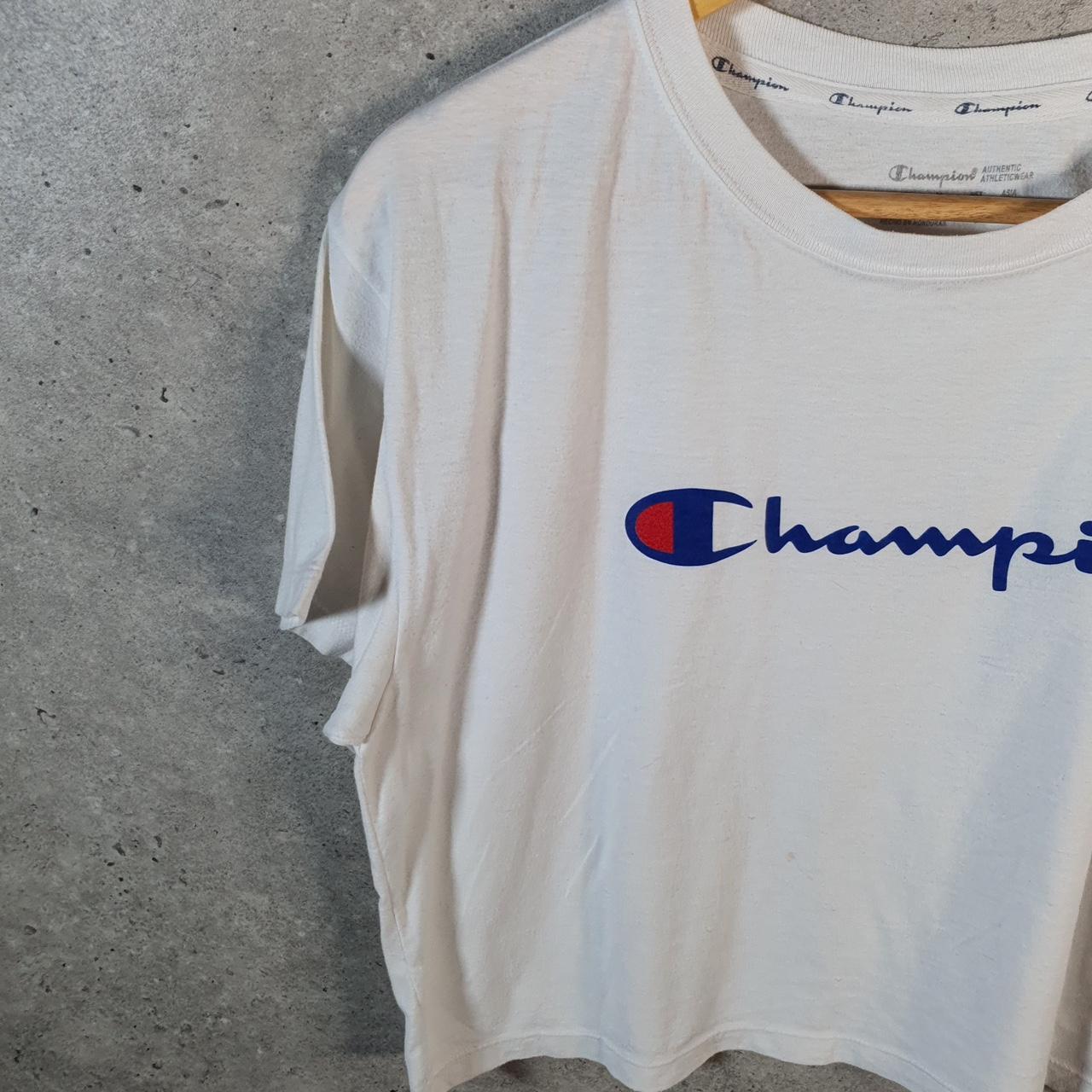 Vintage Champion Spellout Logo Cropped T Shirt Womens Medium White Athletic C9845