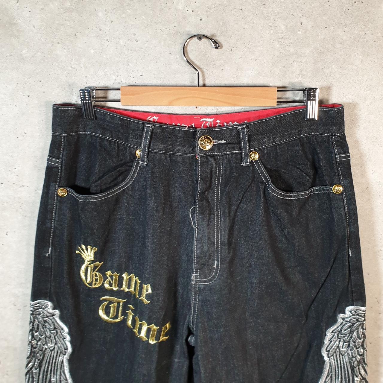 Vintage Game Time Baggy Y2K Hip Hop Jeans Mens W34 L30 Blue Denim Skulls Big Fish Vintage