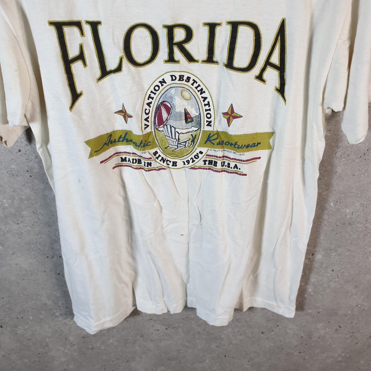 Vintage Florida Vacation 1993 Graphic 90s USA Single Stitch T Shirt Men’s Small White Big Fish Vintage