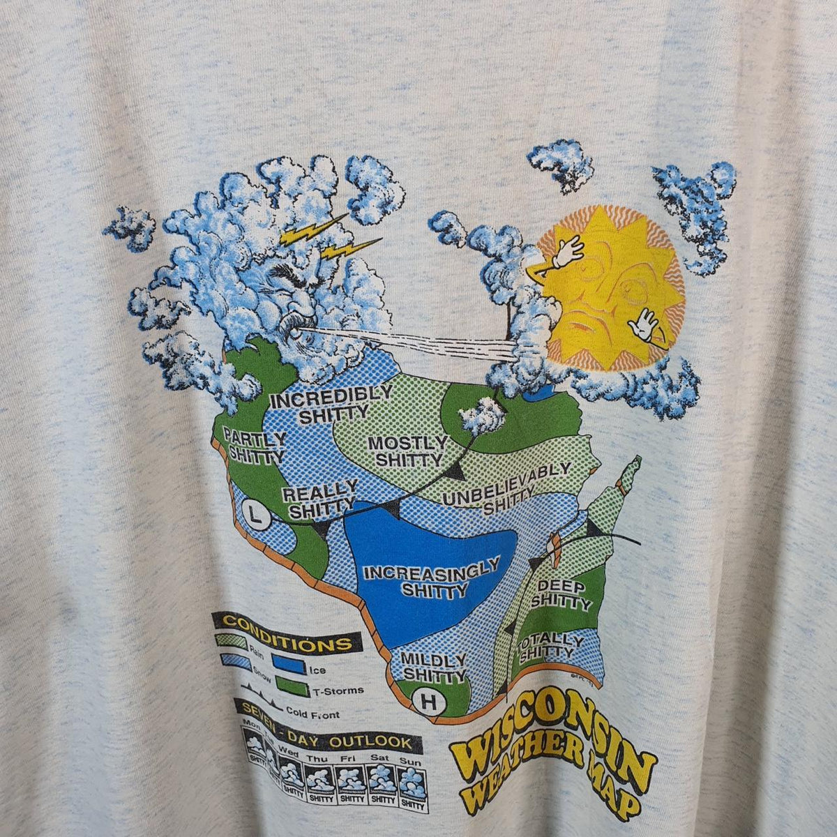 Vintage Alore Wisconsin Weather Map 90s USA Graphic Single Stitch T Shirt Men’s XL Grey Big Fish Vintage