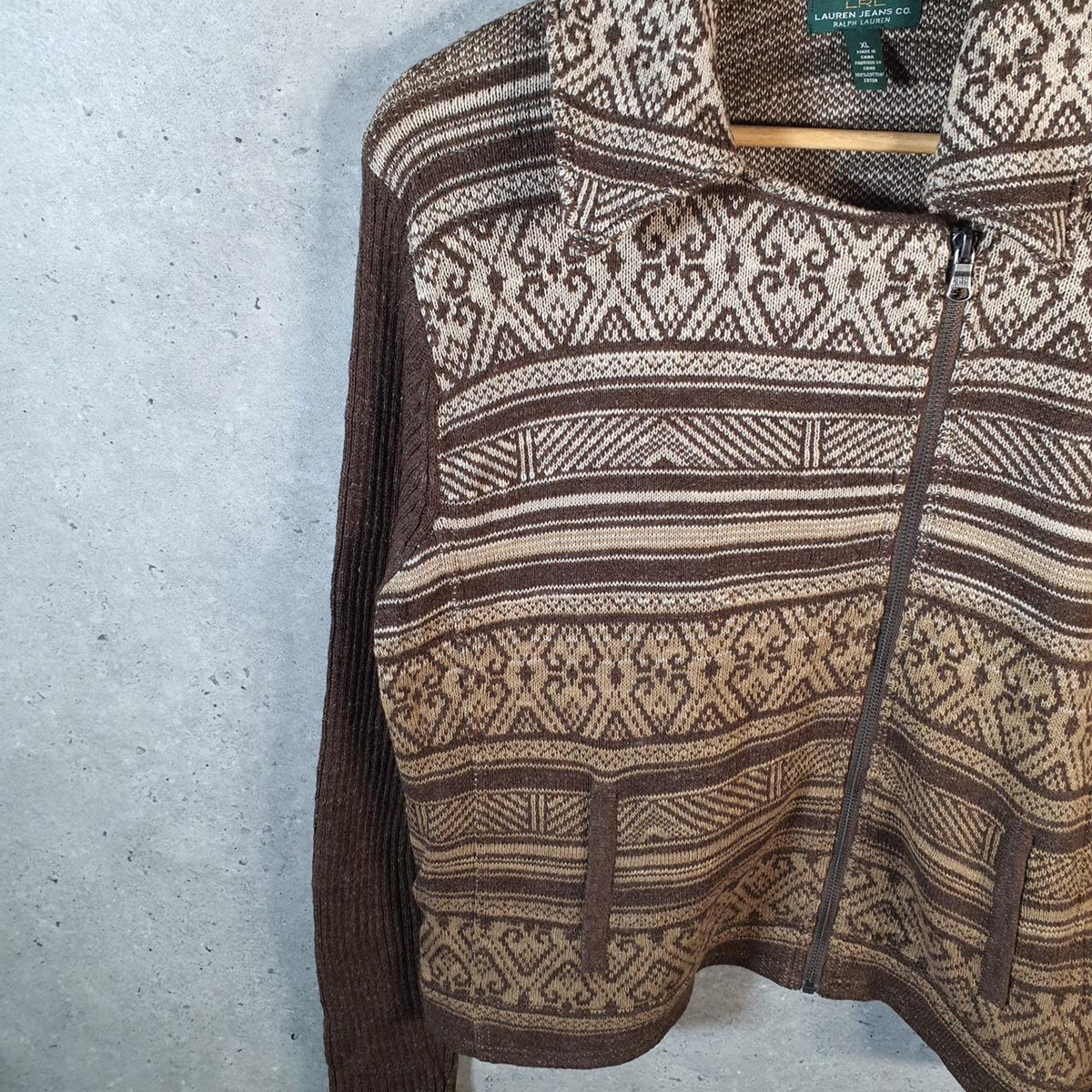 Vintage Ralph Lauren Polo Knit Sweater Womens XL Brown Cotton Full Zip