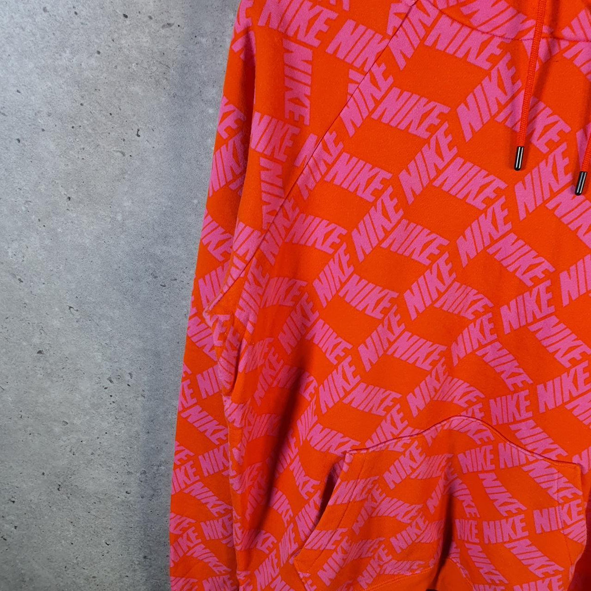 Vintage Nike All Over Print AOP Hoodie Womens Large Pink Swoosh Y2K Pullover Logo