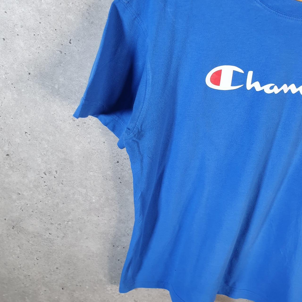 Vintage Champion Spellout Logo T Shirt Mens Small Blue USA Athletic