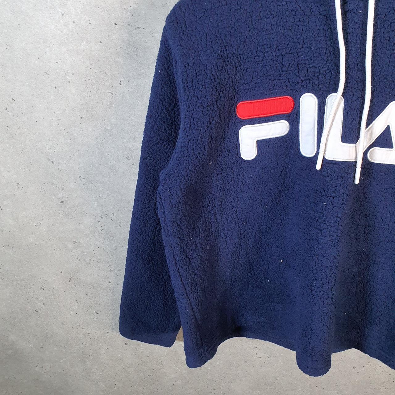 Vintage Fila Pullover Fleece Hoodie Womens Medium Navy Blue Teddy Logo