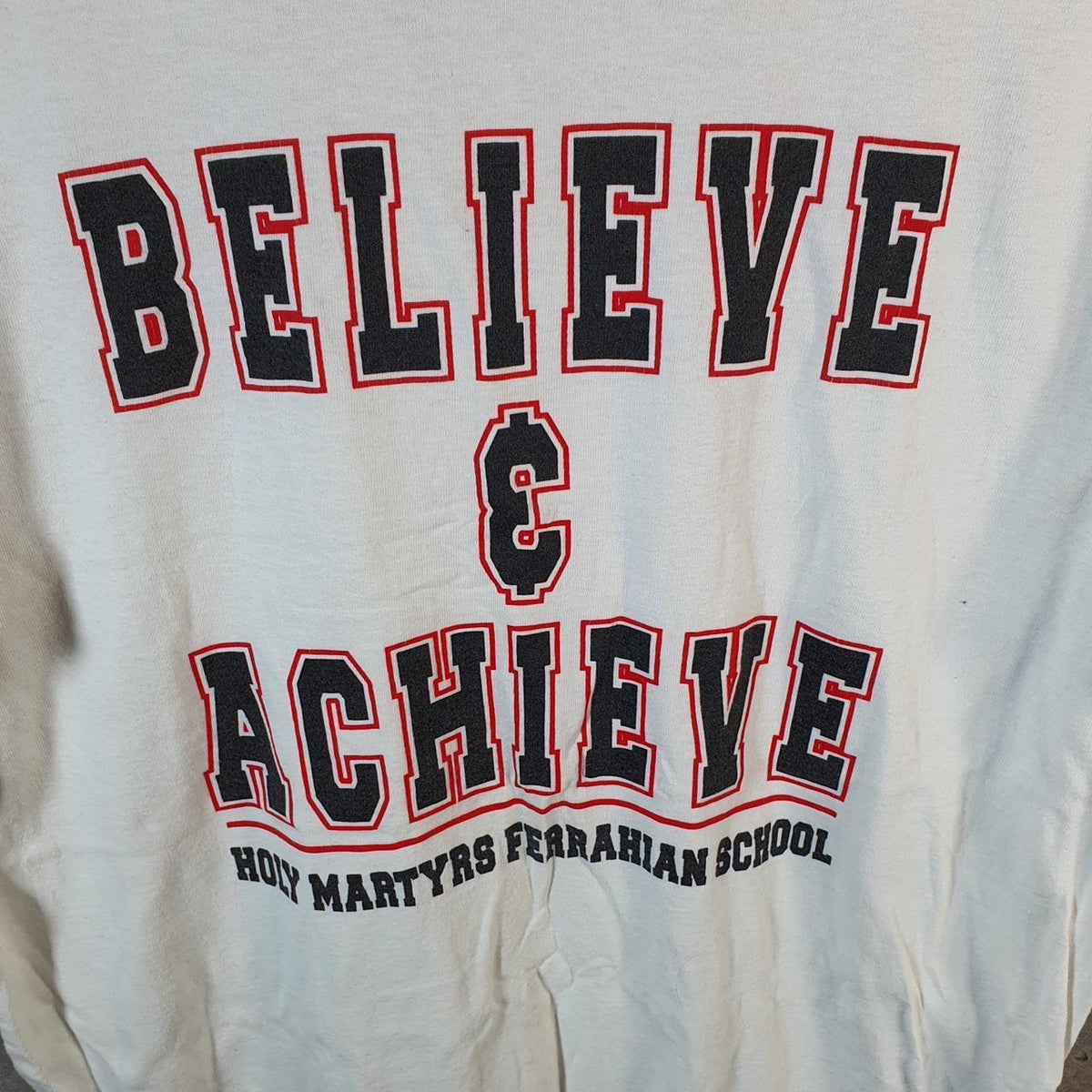 Vintage Sof Tee TeeJays Believe & Achieve Ferrahian School Single Stitch T Shirt Men’s Large White Big Fish Vintage