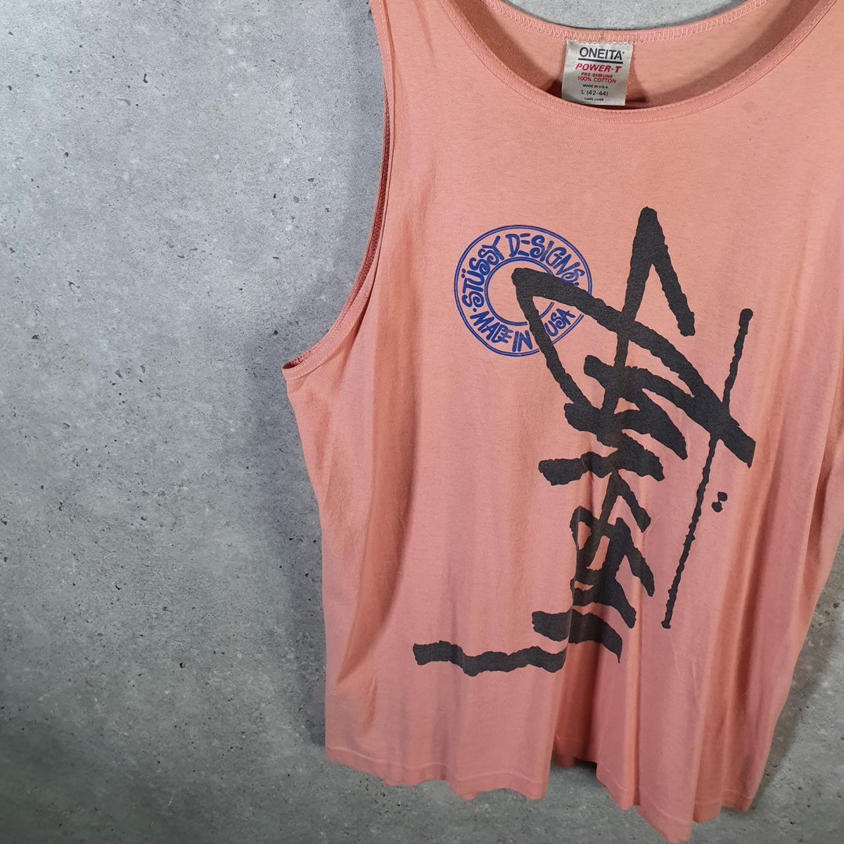 Vintage Stussy Oneita 90s Printed T Shirt Men’s Large Pink Graphic Sleeveless Vest Big Fish Vintage
