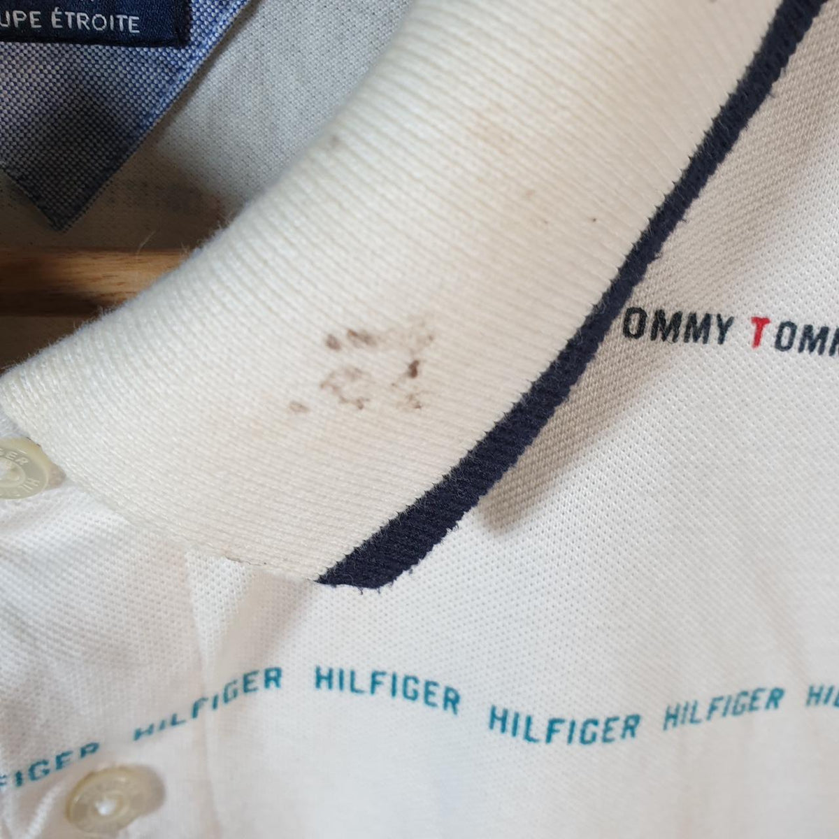 Vintage Tommy Hilfiger Polo Shirt Men’s XL White Striped Slim Fit Embroidered Logo C9596