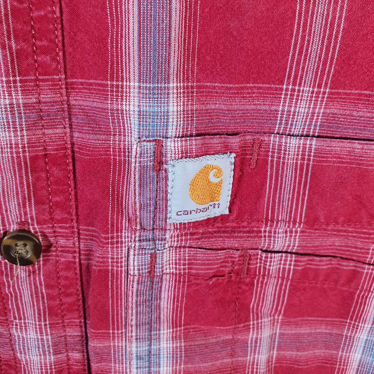 Vintage Carhartt Shirt Button Down Mens Small Red Checkered Chore Utility Relaxed - Big Fish Vintage
