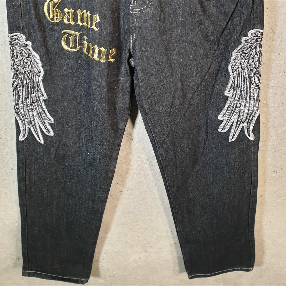 Vintage Game Time Baggy Y2K Hip Hop Jeans Mens W34 L30 Blue Denim Skulls Big Fish Vintage