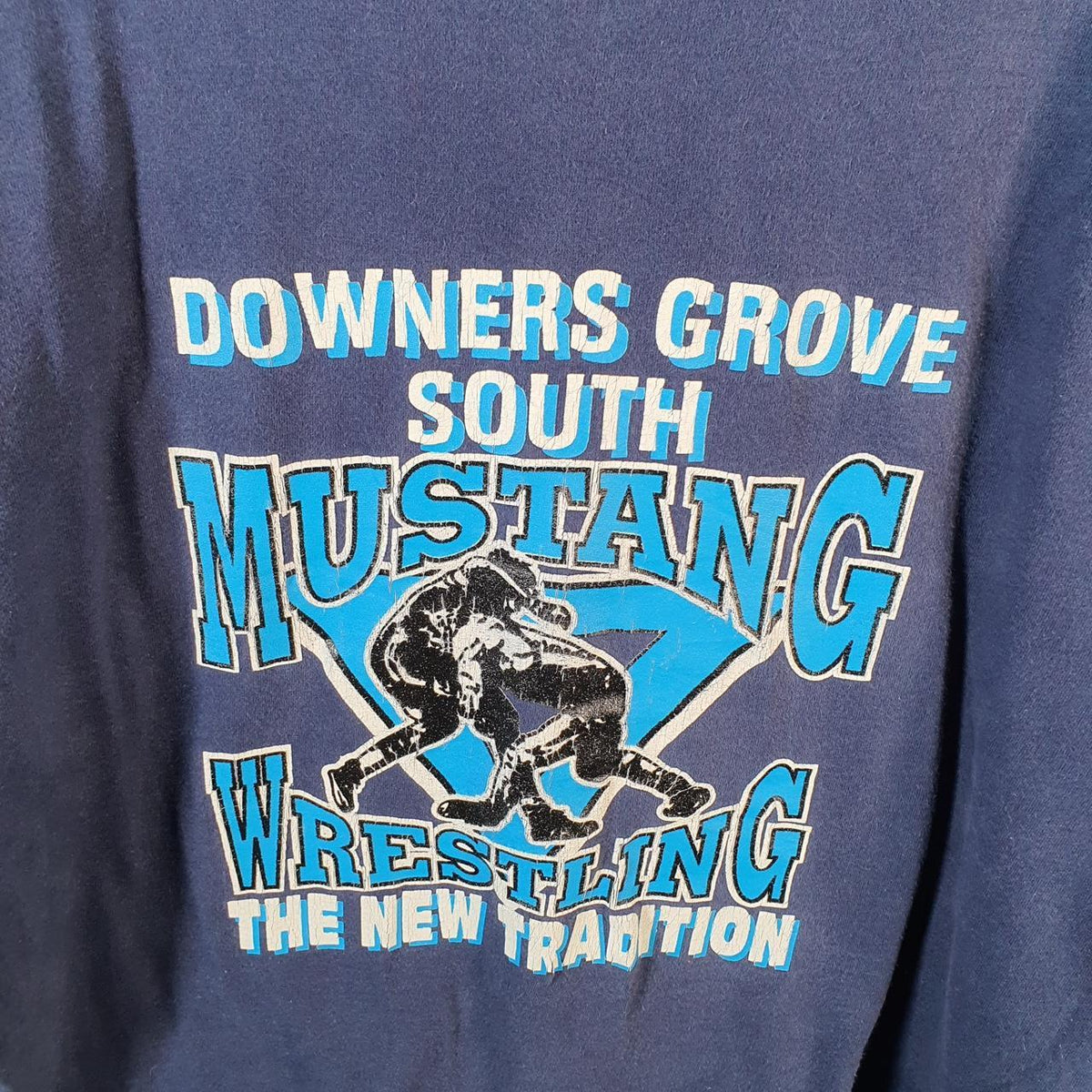 Vintage Fruit of the Loom Mustang Wrestling 90s USA Single Stitch T Shirt Men’s XL Blue