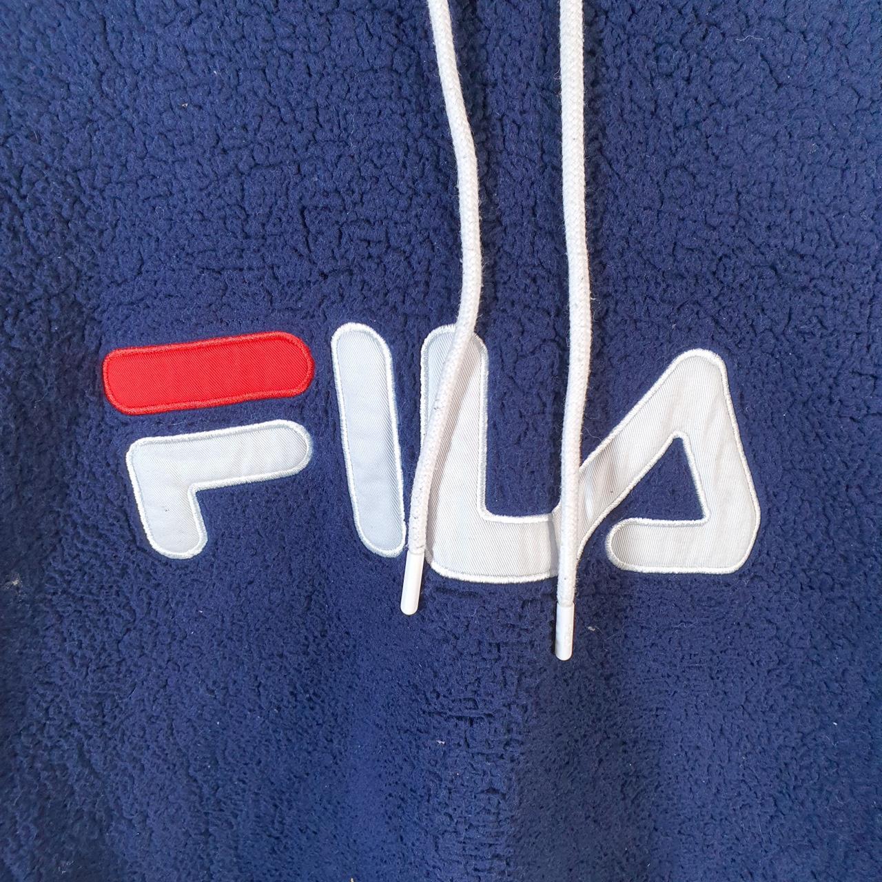 Vintage Fila Pullover Fleece Hoodie Womens Medium Navy Blue Teddy Logo