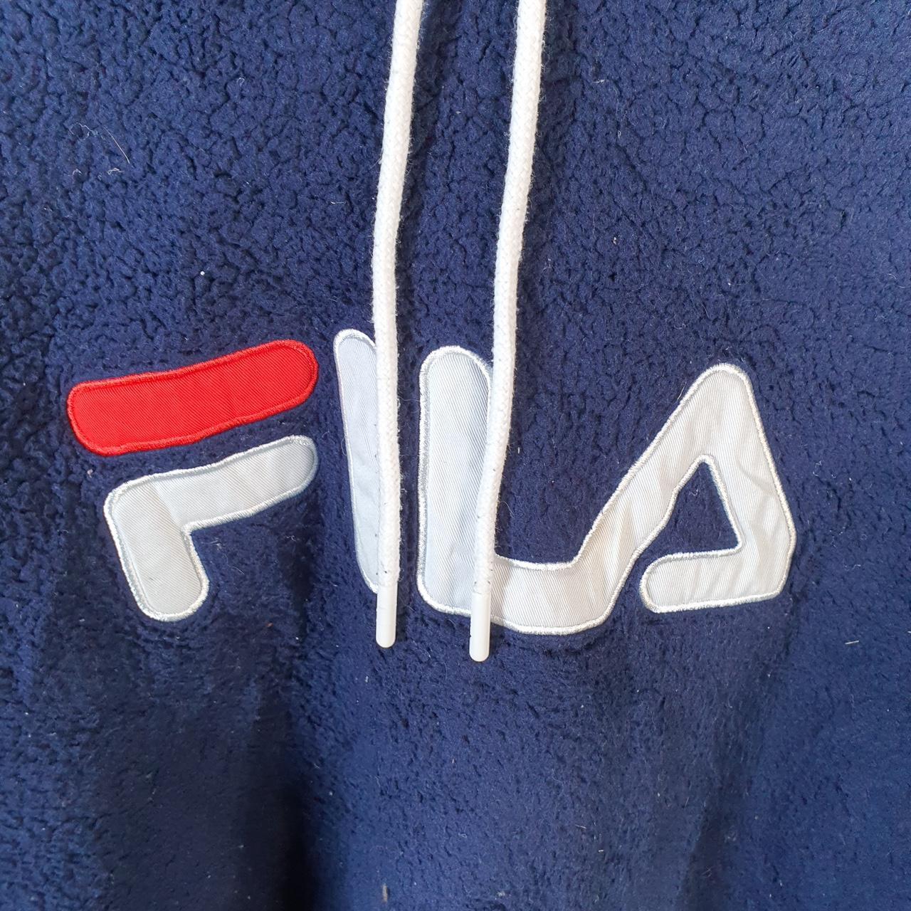Vintage Fila Pullover Fleece Hoodie Womens Large Navy Blue Teddy Logo