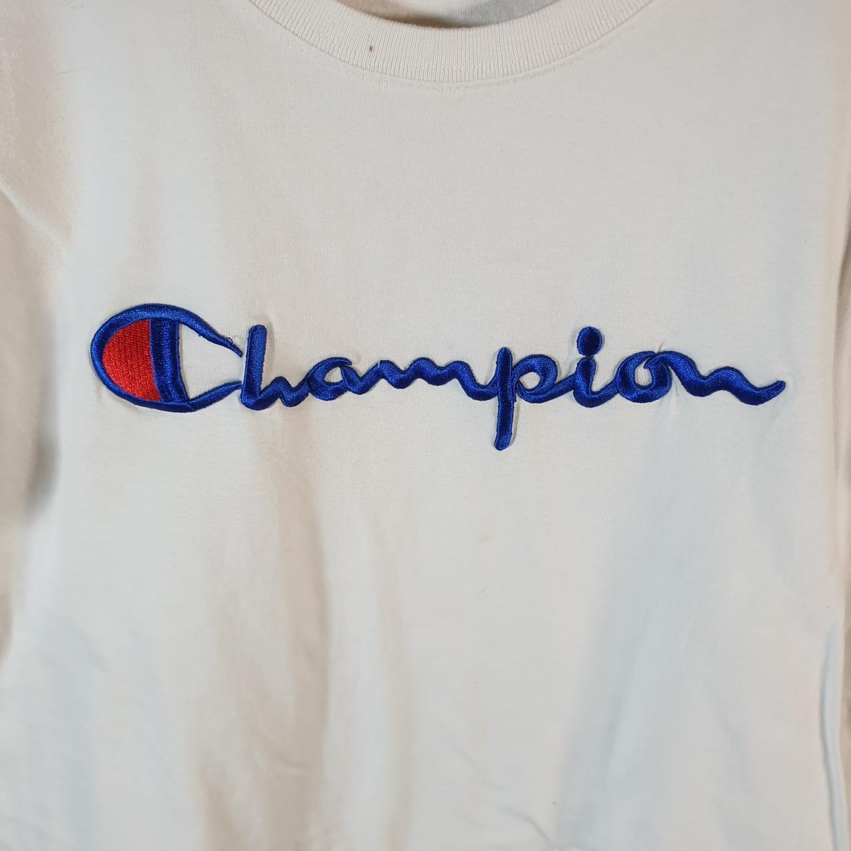 Vintage Champion T Shirt Womens Medium White Spellout Logo