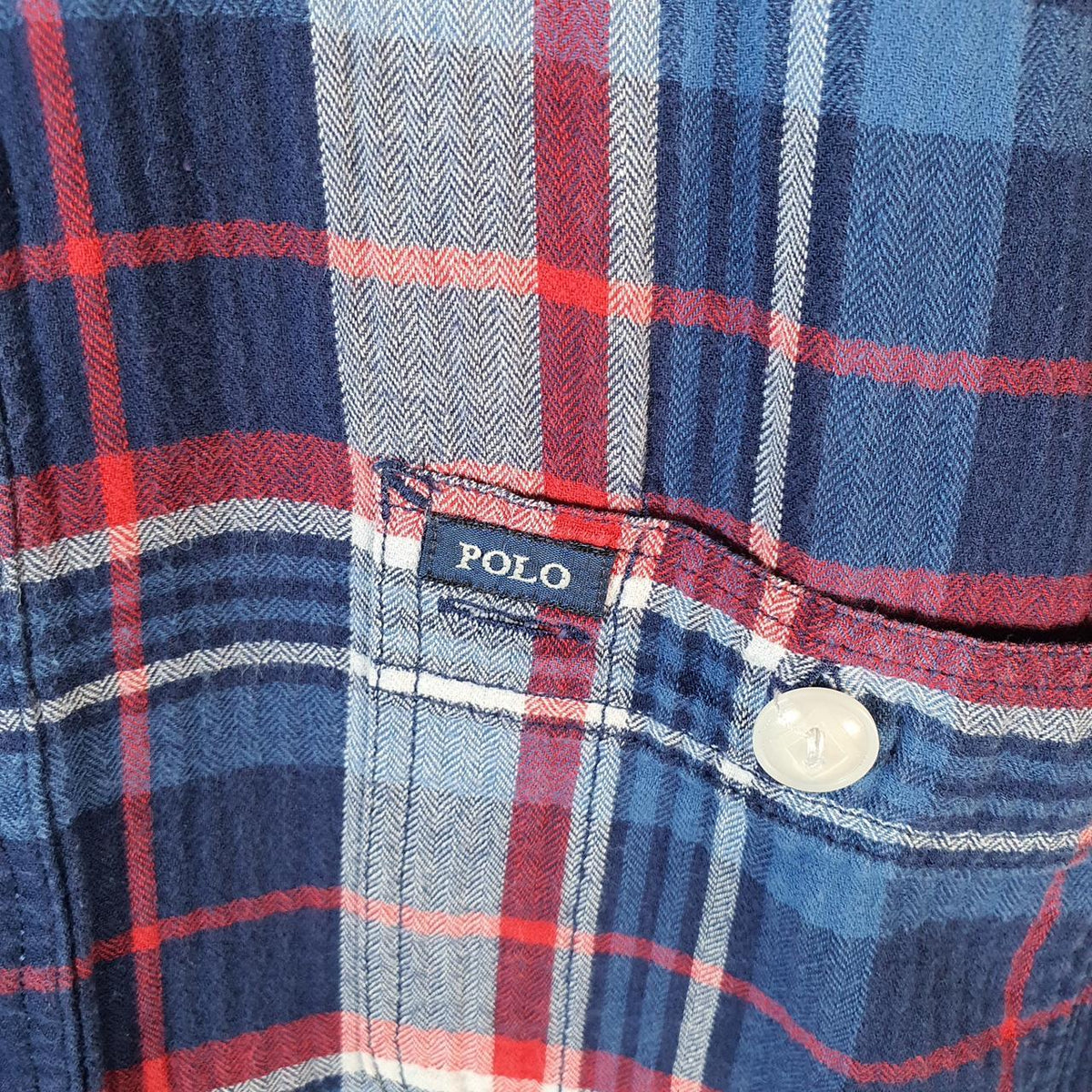 Vintage Ralph Lauren Button Down Shirt Men’s Large Blue Checkered Cotton Stretch Pocket