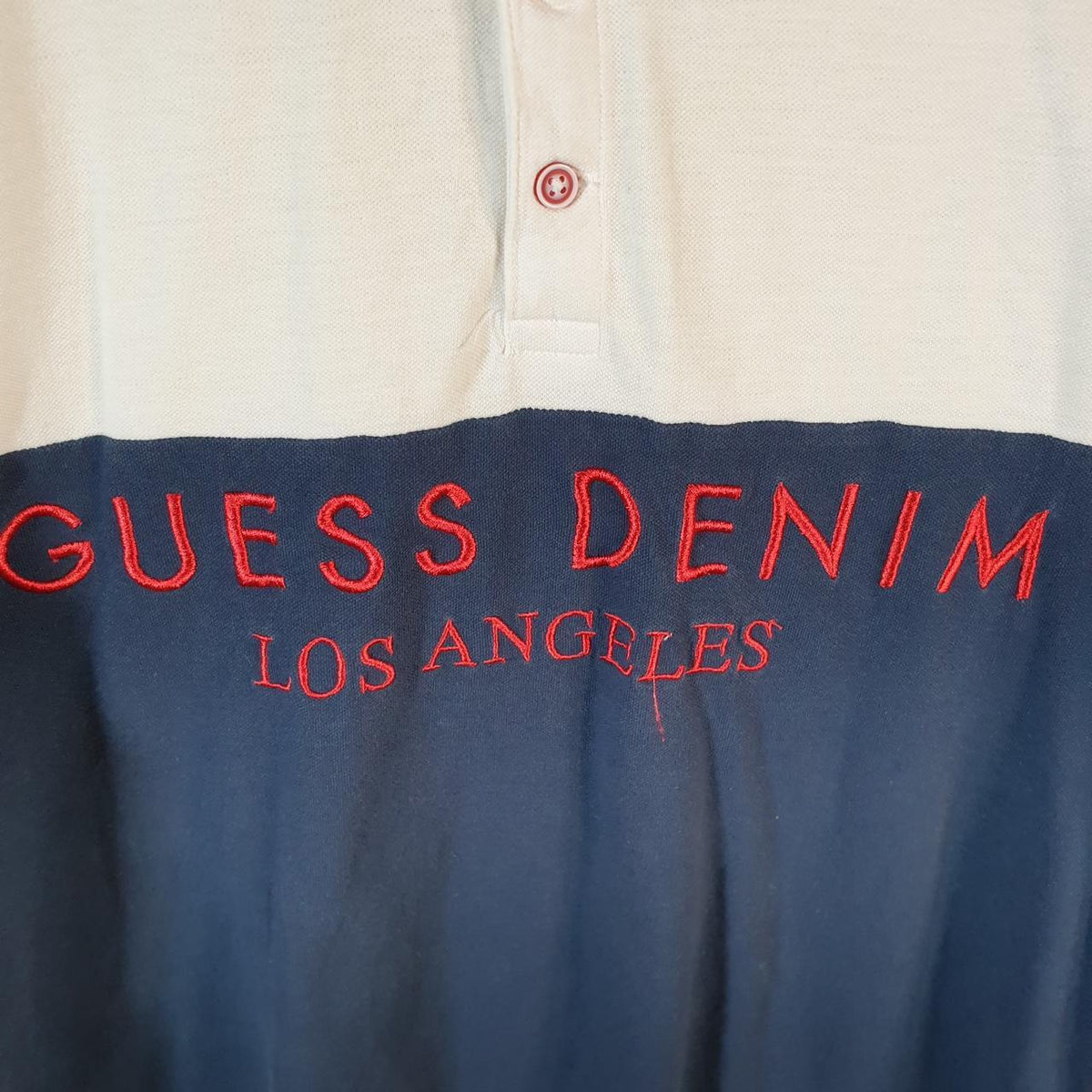 Vintage Guess Denim Los Angeles Polo Shirt Men’s Large White Graphic Spellout Logo