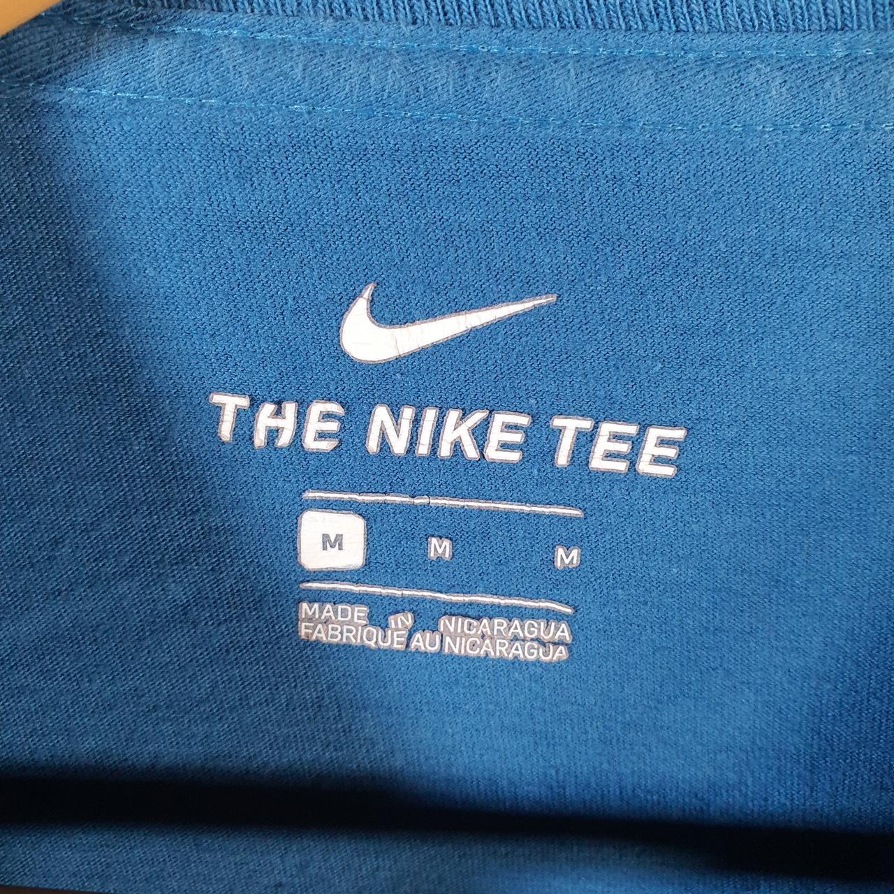 Vintage Nike Club T Shirt Men’s Medium Blue Printed Single Swoosh Logo Athletic Big Fish Vintage