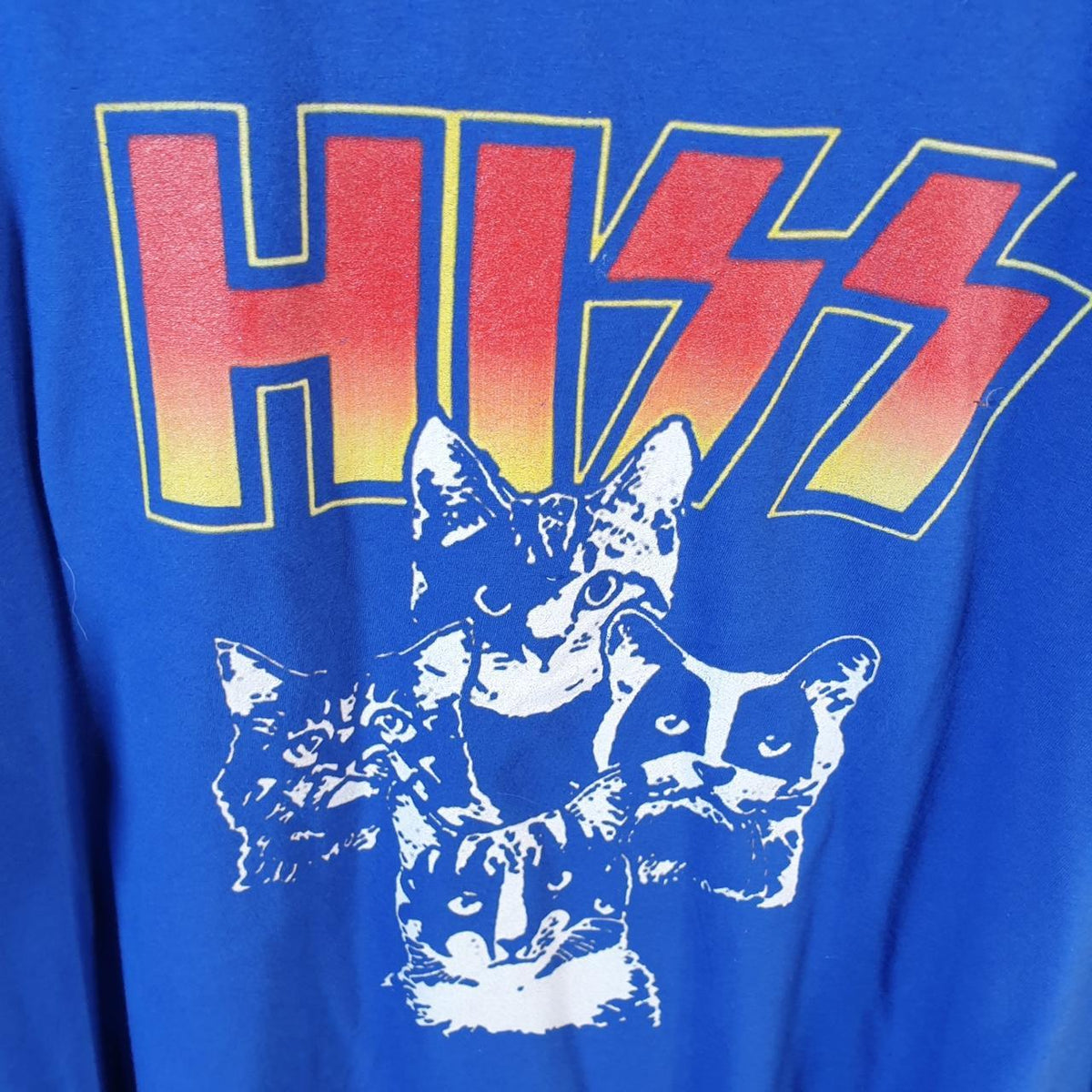 Vintage Hiss Cats Graphic T Shirt Men’s Large Blue Casual Sports Logo Athletic