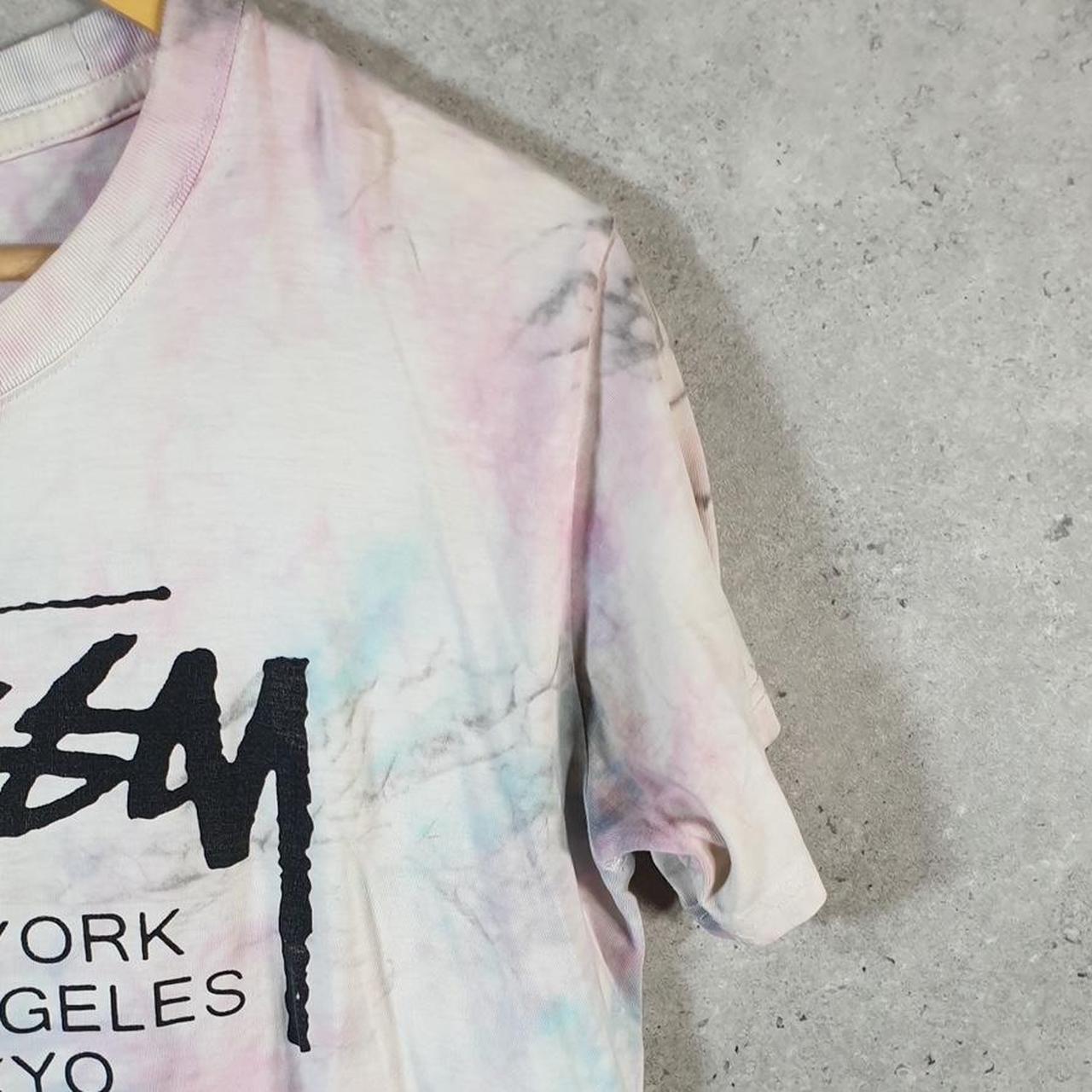 Vintage Stussy Spellout Tie Dye Printed T Shirt Men’s Small Pink Graphic Short Sleeve Big Fish Vintage