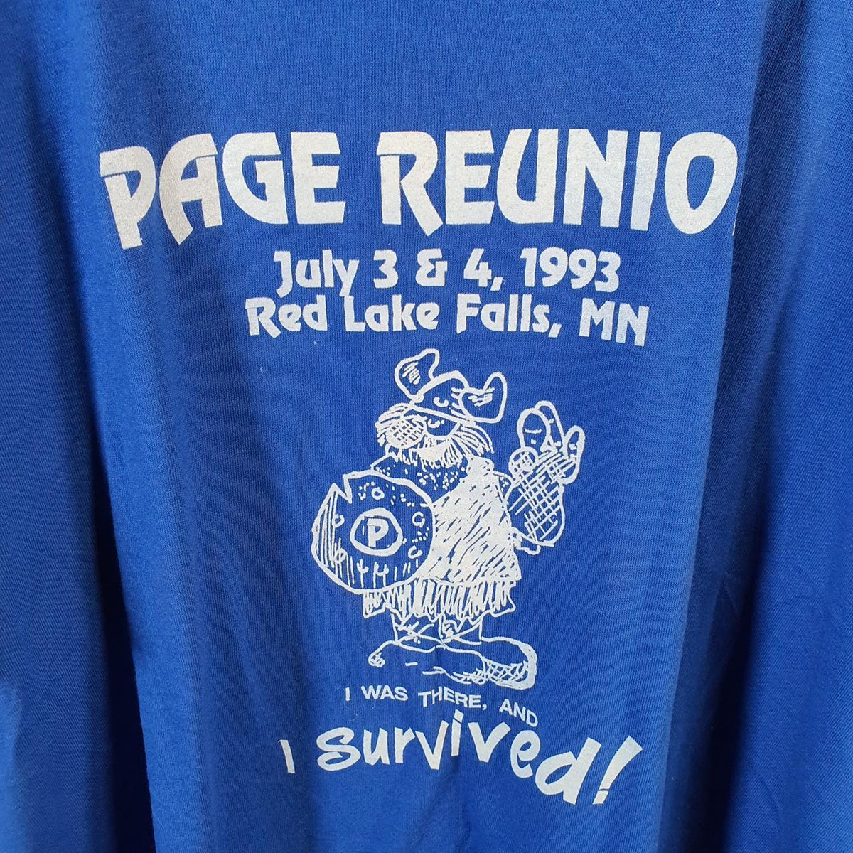 Vintage Jerzees USA 1993 Red Lake Falls Page Reunion Single Stitch T Shirt Men’s 2XL Blue Big Fish Vintage