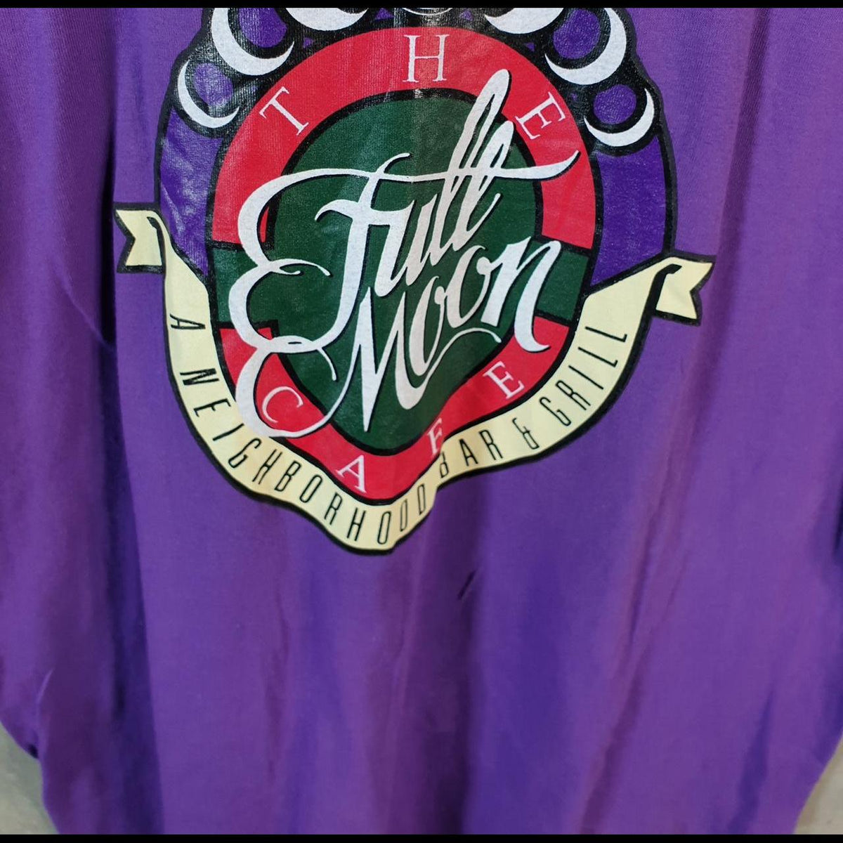 Vintage Fruit of the Loom Full Moon Cafe Oklahoma Tulsa 90s Single Stitch T Shirt Men’s XL Purple C8373