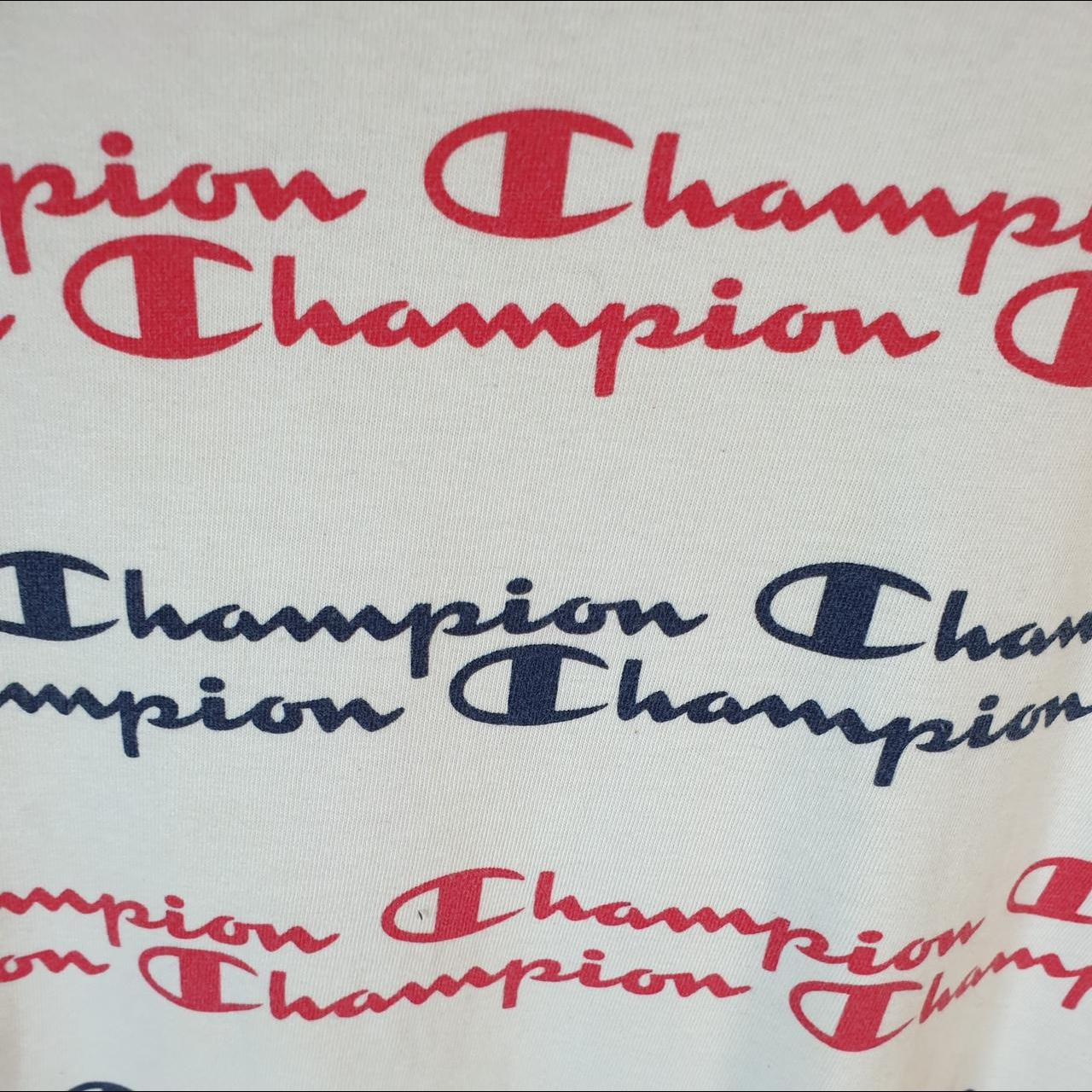Vintage Champion AOP Spellout Logo T Shirt Mens Small White USA Athletic