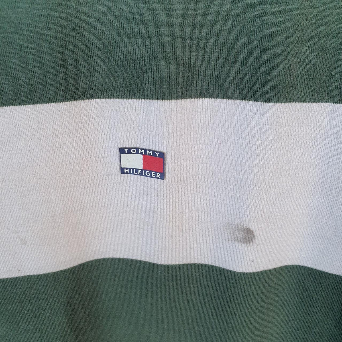 Vintage Tommy Hilfiger T Shirt Men’s Medium Green Yellow Striped Custom Fit Embroidered Logo