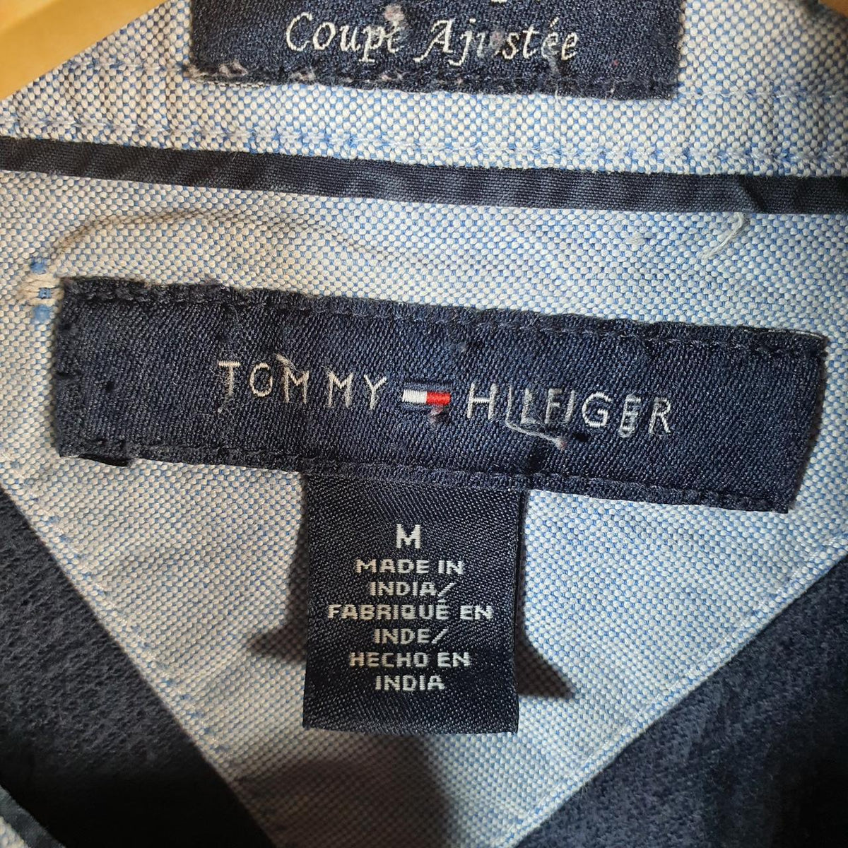 Vintage Tommy Hilfiger Polo Shirt Men’s Medium Navy Blue Striped Custom Fit Embroidered Logo
